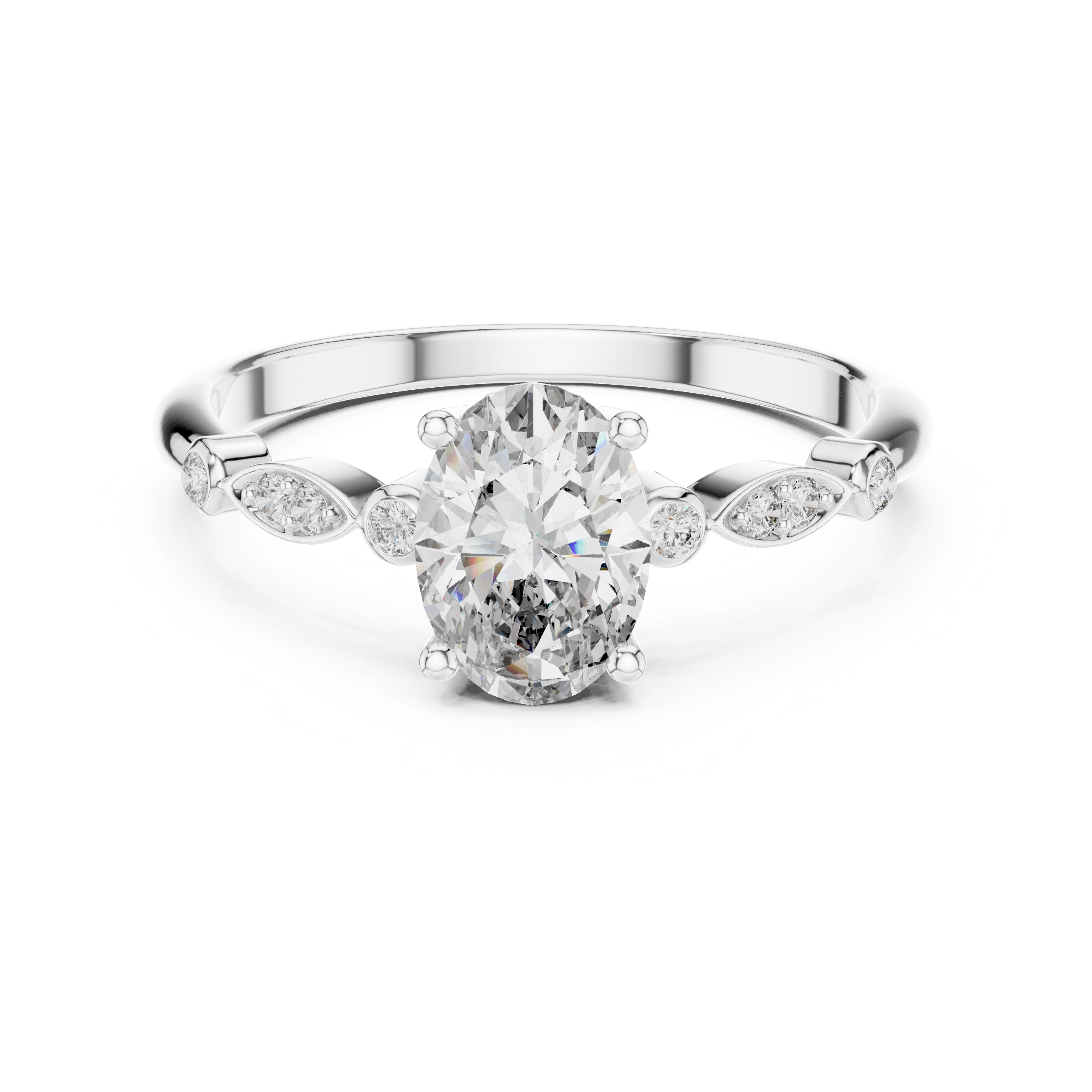 Oval Cut Diamond Solitaire Ring with Bezel Accented Side Stones