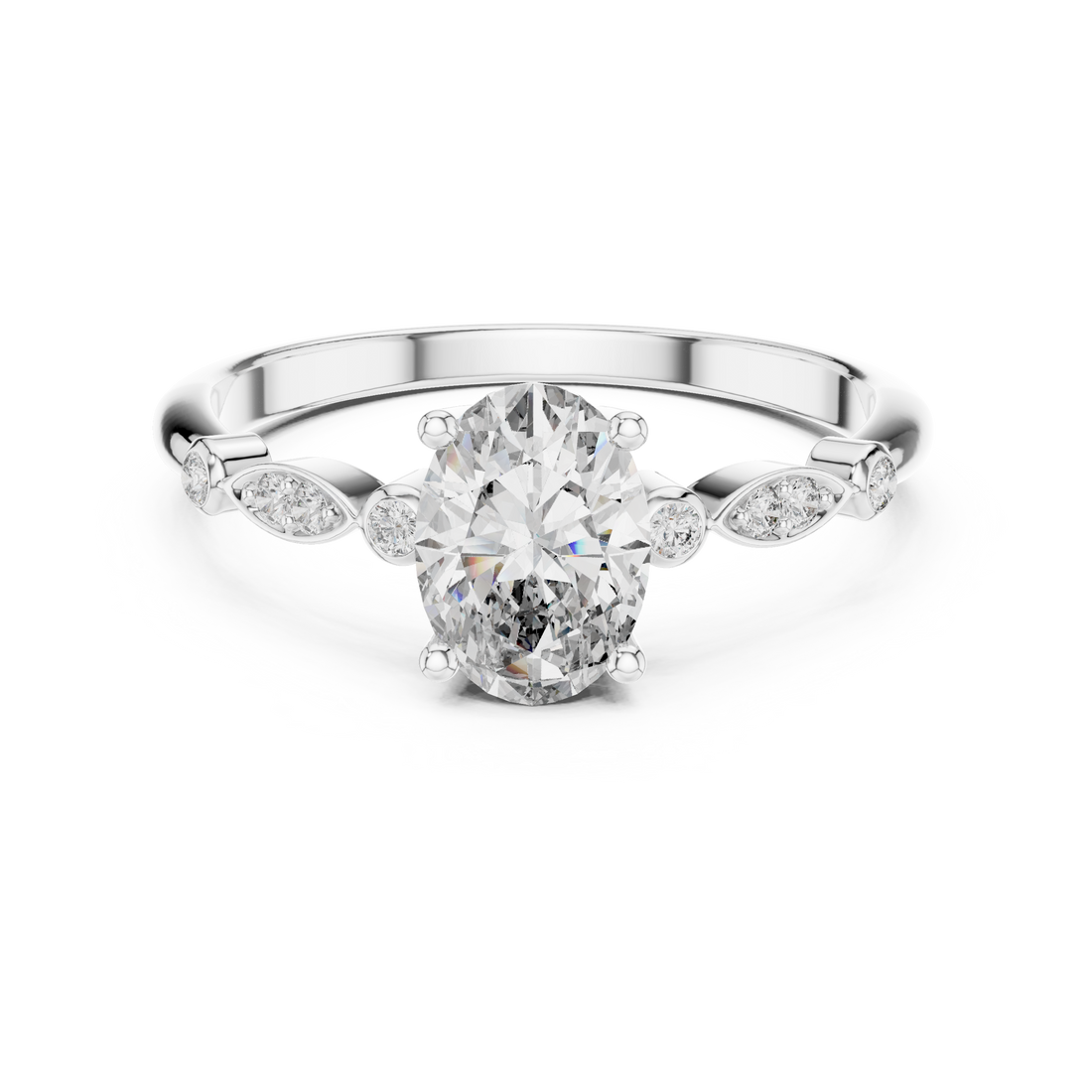 Oval Cut Diamond Solitaire Ring with Bezel Accented Side Stones