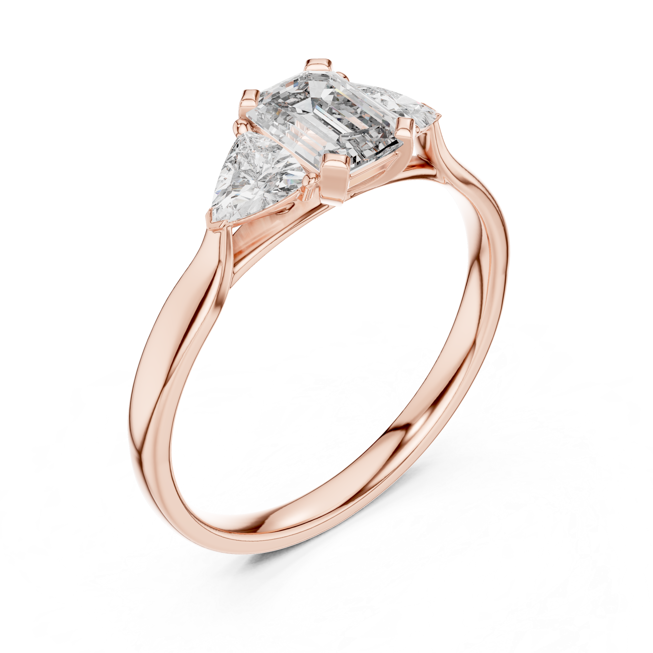 Emerald Cut Diamond Three Stone Ring with Trillion Side Diamonds