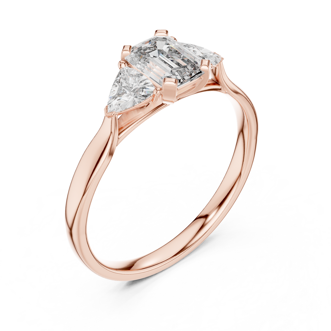 Emerald Cut Diamond Three Stone Ring with Trillion Side Diamonds