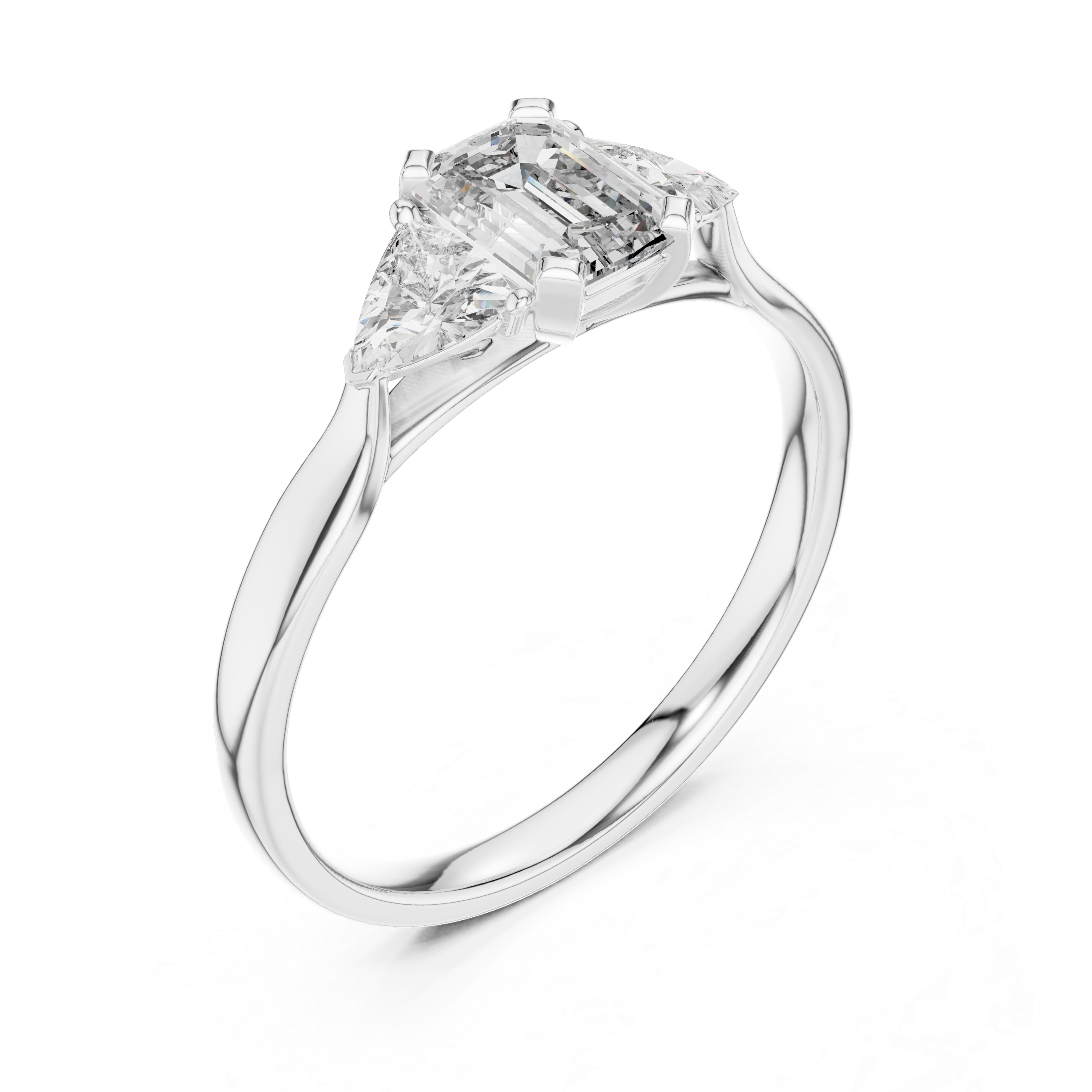 Emerald Cut Diamond Three Stone Ring with Trillion Side Diamonds