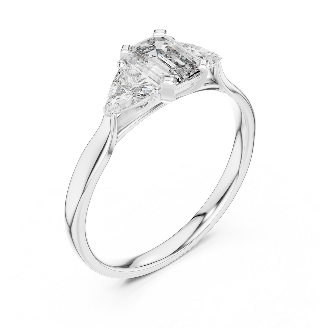 Emerald Cut Diamond Three Stone Ring with Trillion Side Diamonds