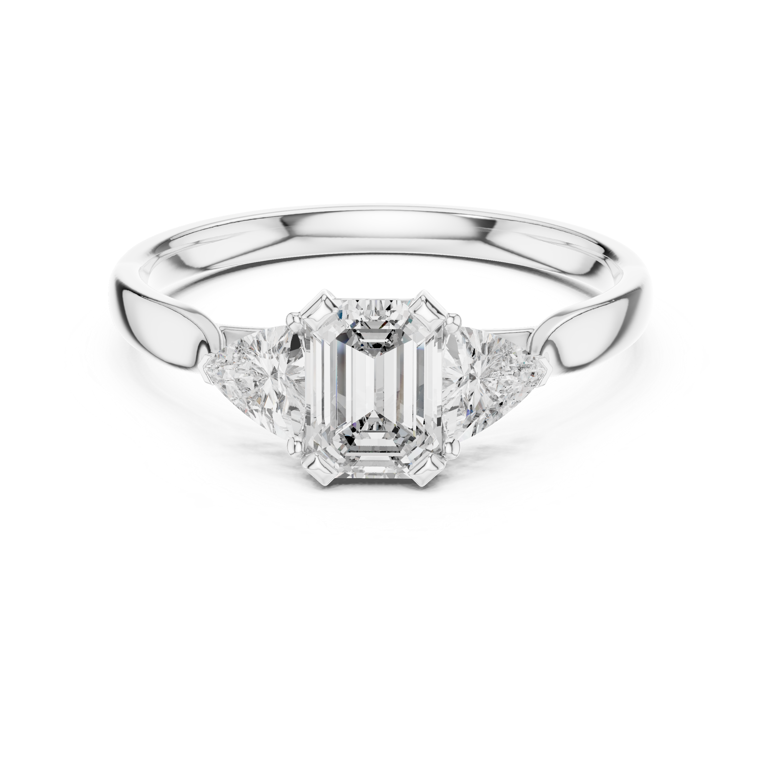Emerald Cut Diamond Three Stone Ring with Trillion Side Diamonds