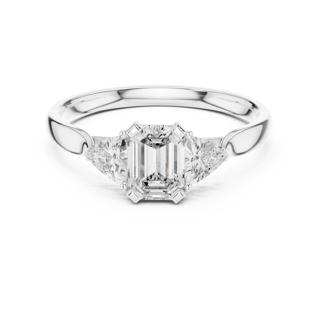 Emerald Cut Diamond Three Stone Ring with Trillion Side Diamonds