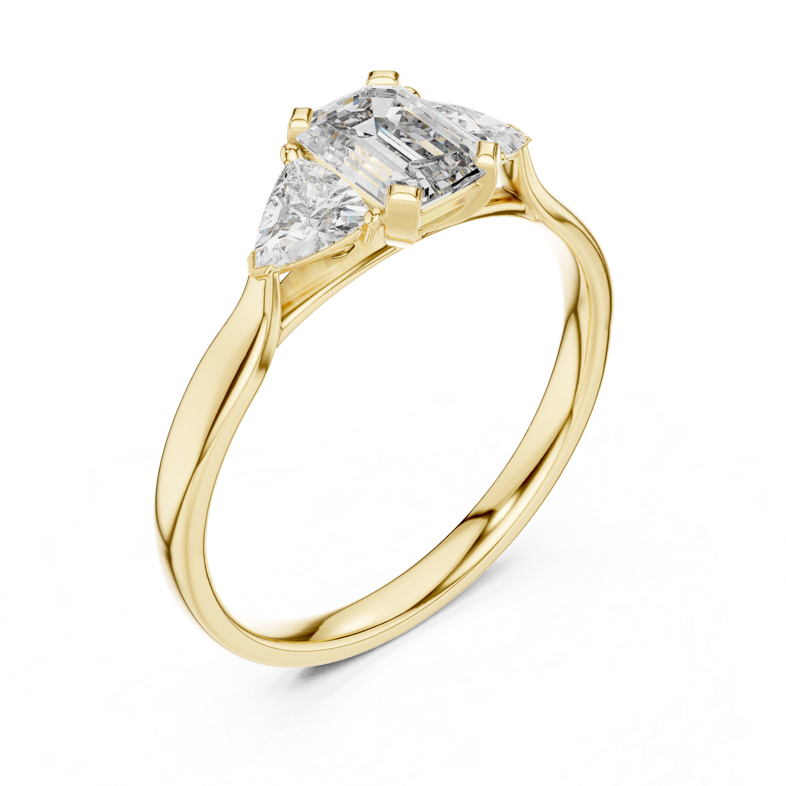 Emerald Cut Diamond Three Stone Ring with Trillion Side Diamonds