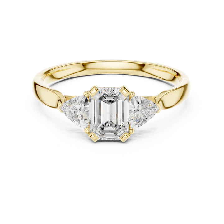 Emerald Cut Diamond Three Stone Ring with Trillion Side Diamonds