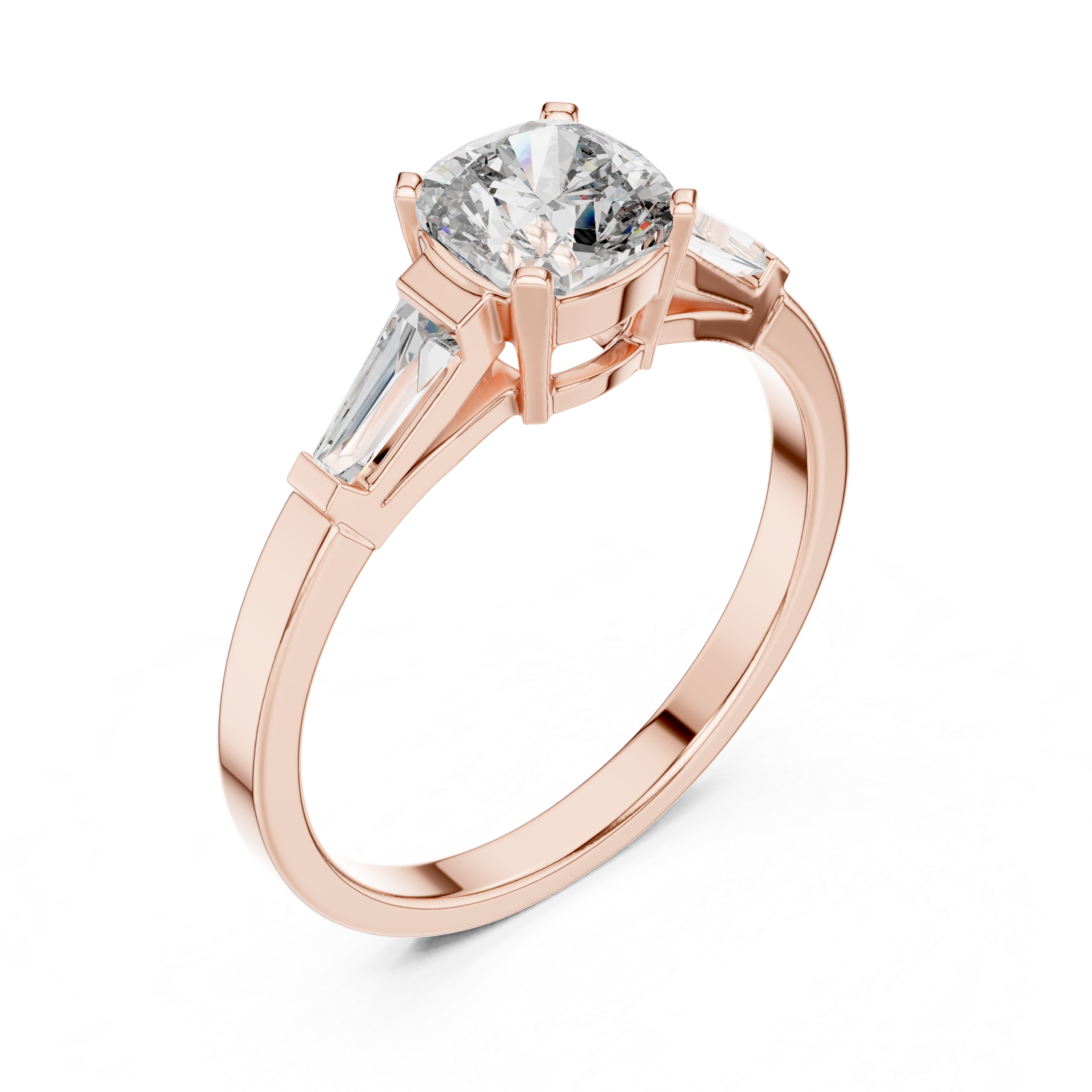 Cushion Cut Diamond Three Stone Ring with Baguette Side Diamonds