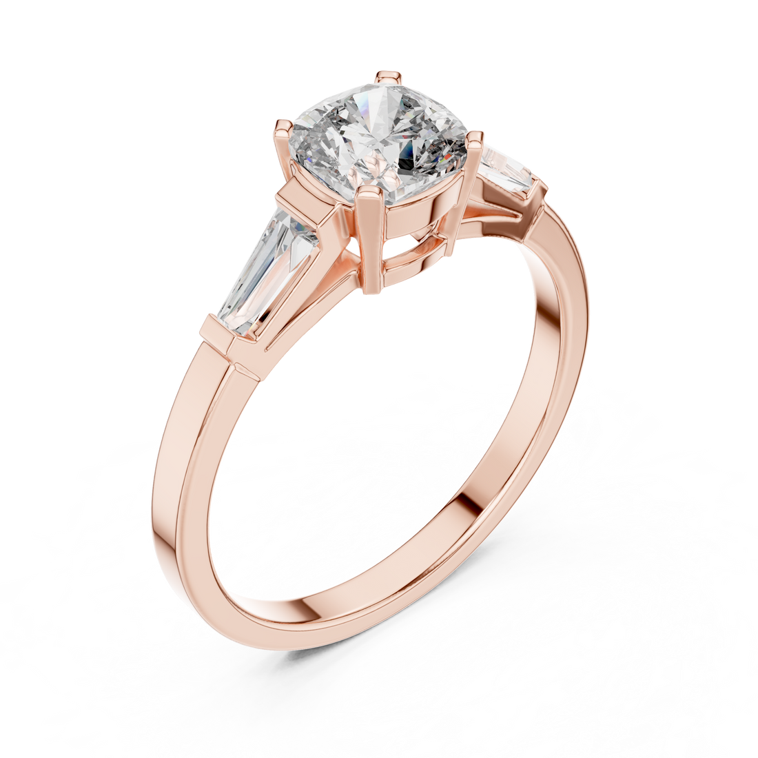 Cushion Cut Diamond Three Stone Ring with Baguette Side Diamonds