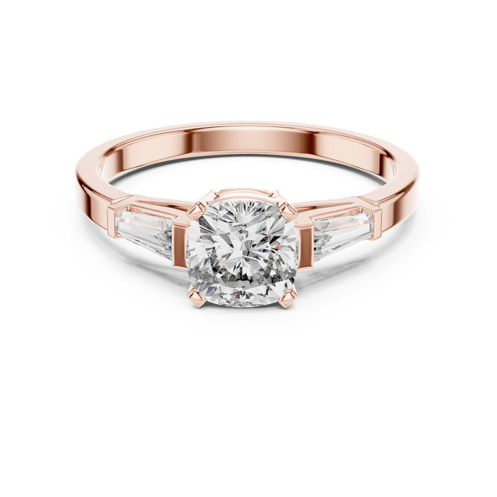 Cushion Cut Diamond Three Stone Ring with Baguette Side Diamonds