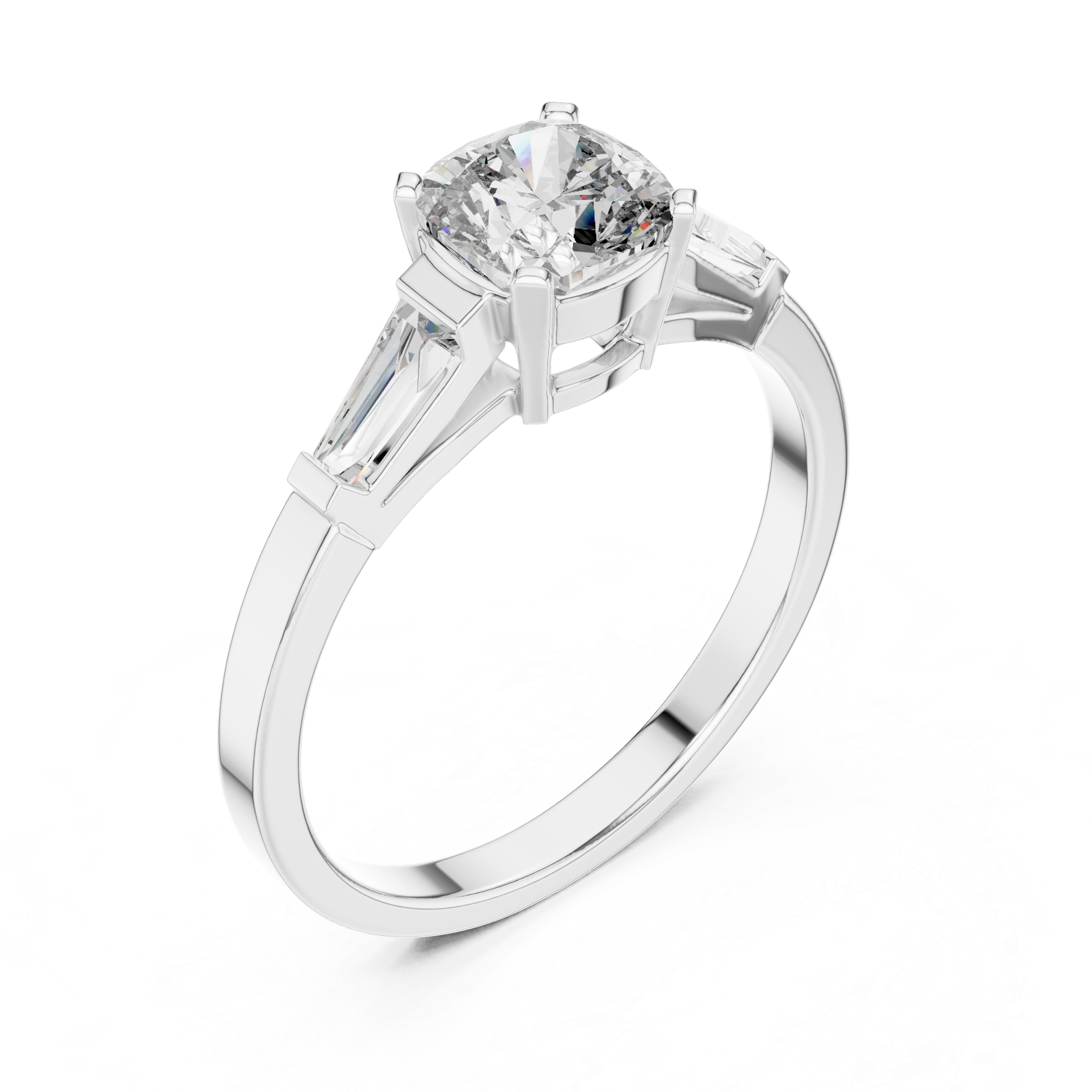 Cushion Cut Diamond Three Stone Ring with Baguette Side Diamonds