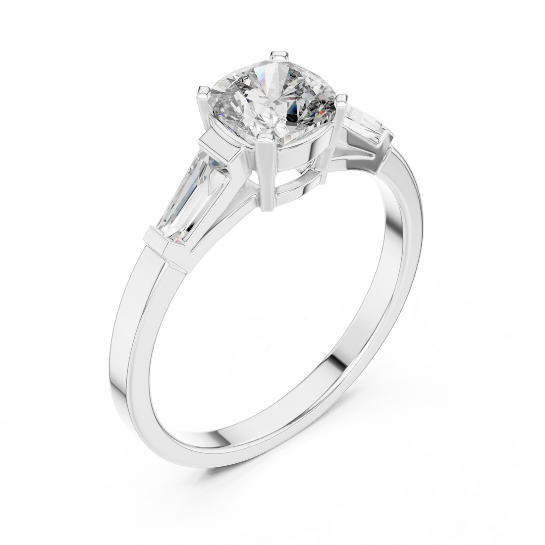 Cushion Cut Diamond Three Stone Ring with Baguette Side Diamonds