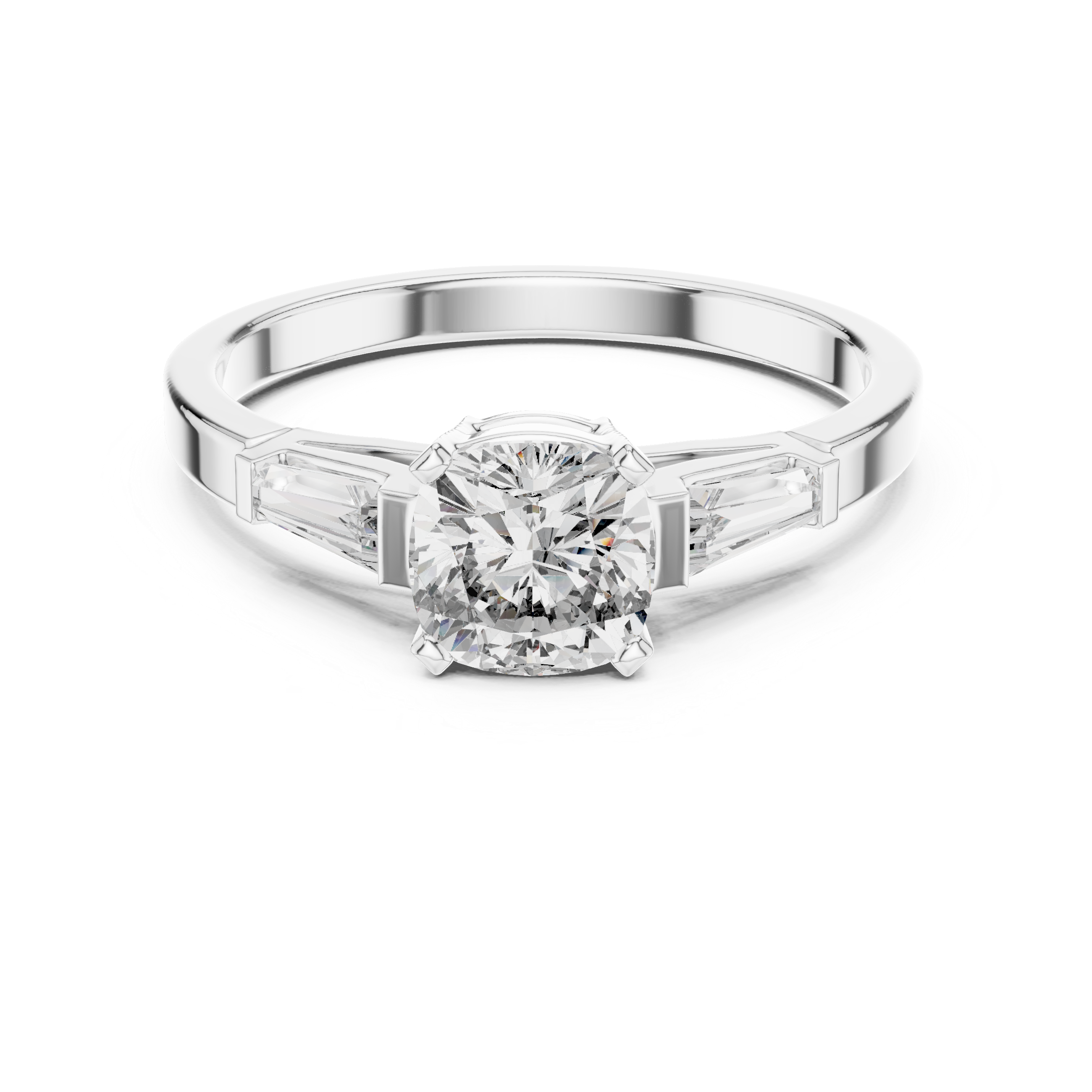 Cushion Cut Diamond Three Stone Ring with Baguette Side Diamonds