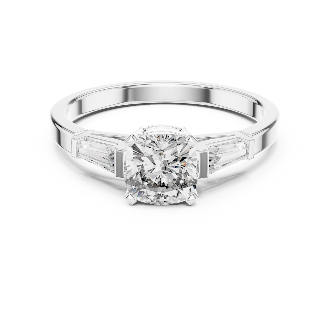 Cushion Cut Diamond Three Stone Ring with Baguette Side Diamonds