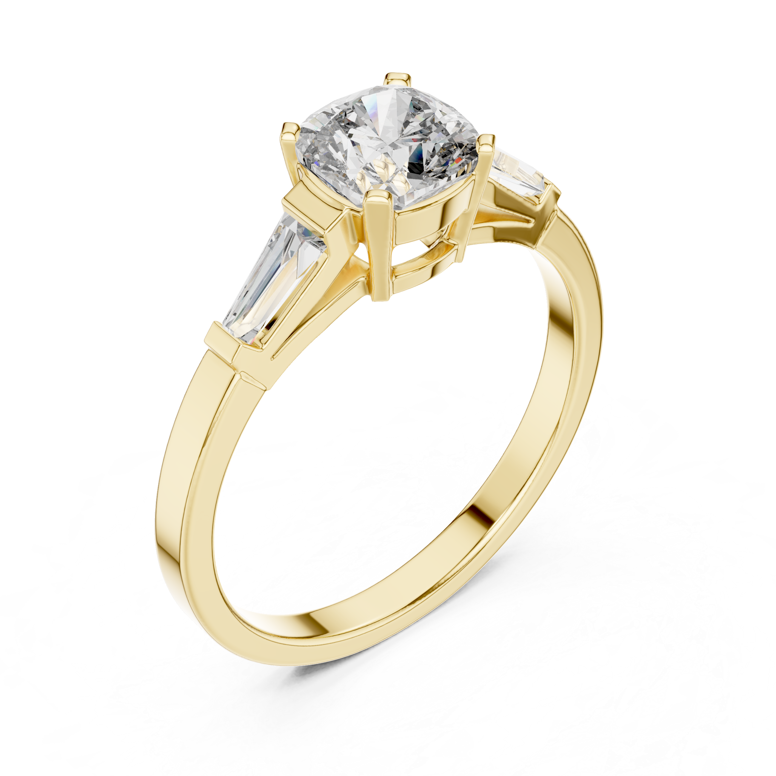 Cushion Cut Diamond Three Stone Ring with Baguette Side Diamonds