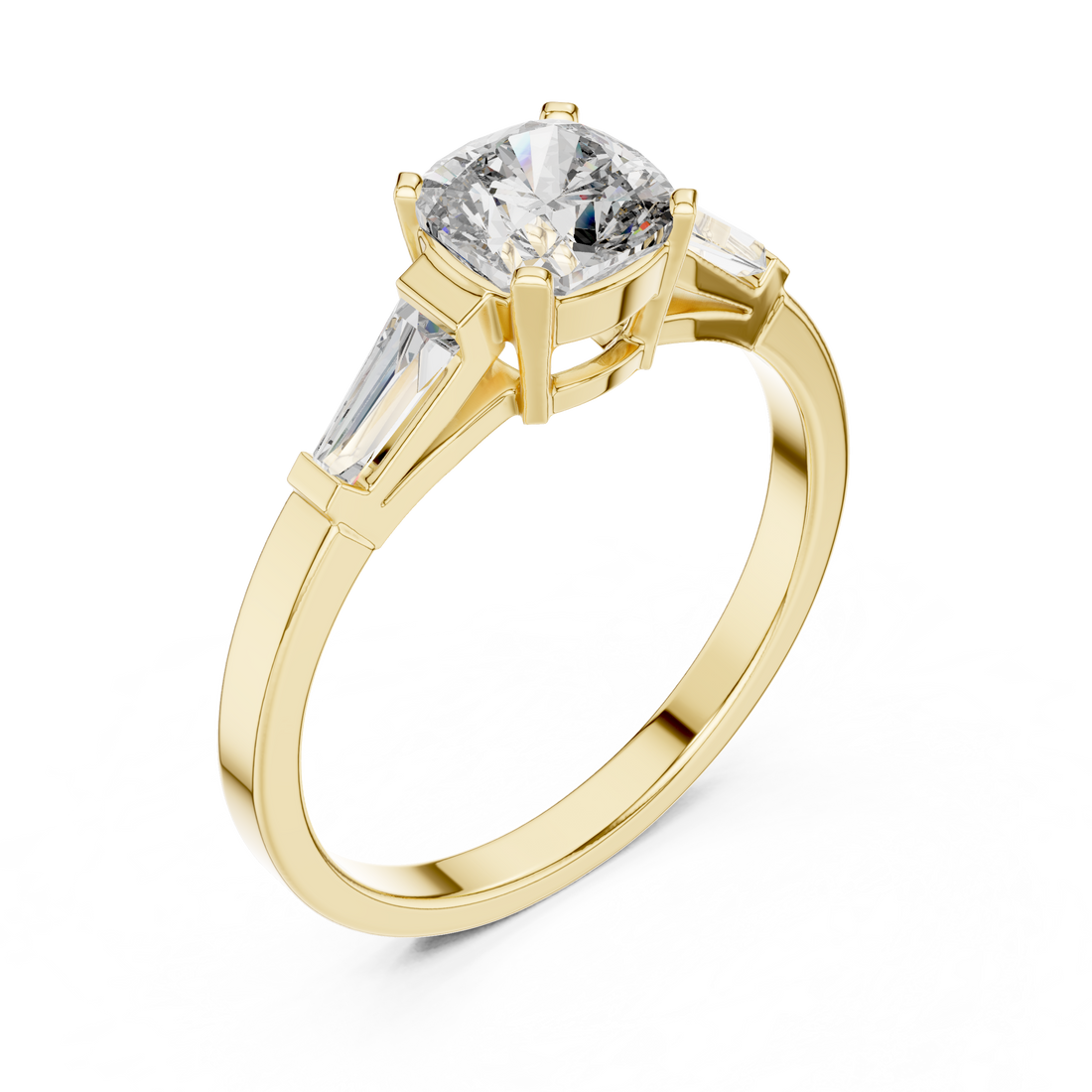 Cushion Cut Diamond Three Stone Ring with Baguette Side Diamonds