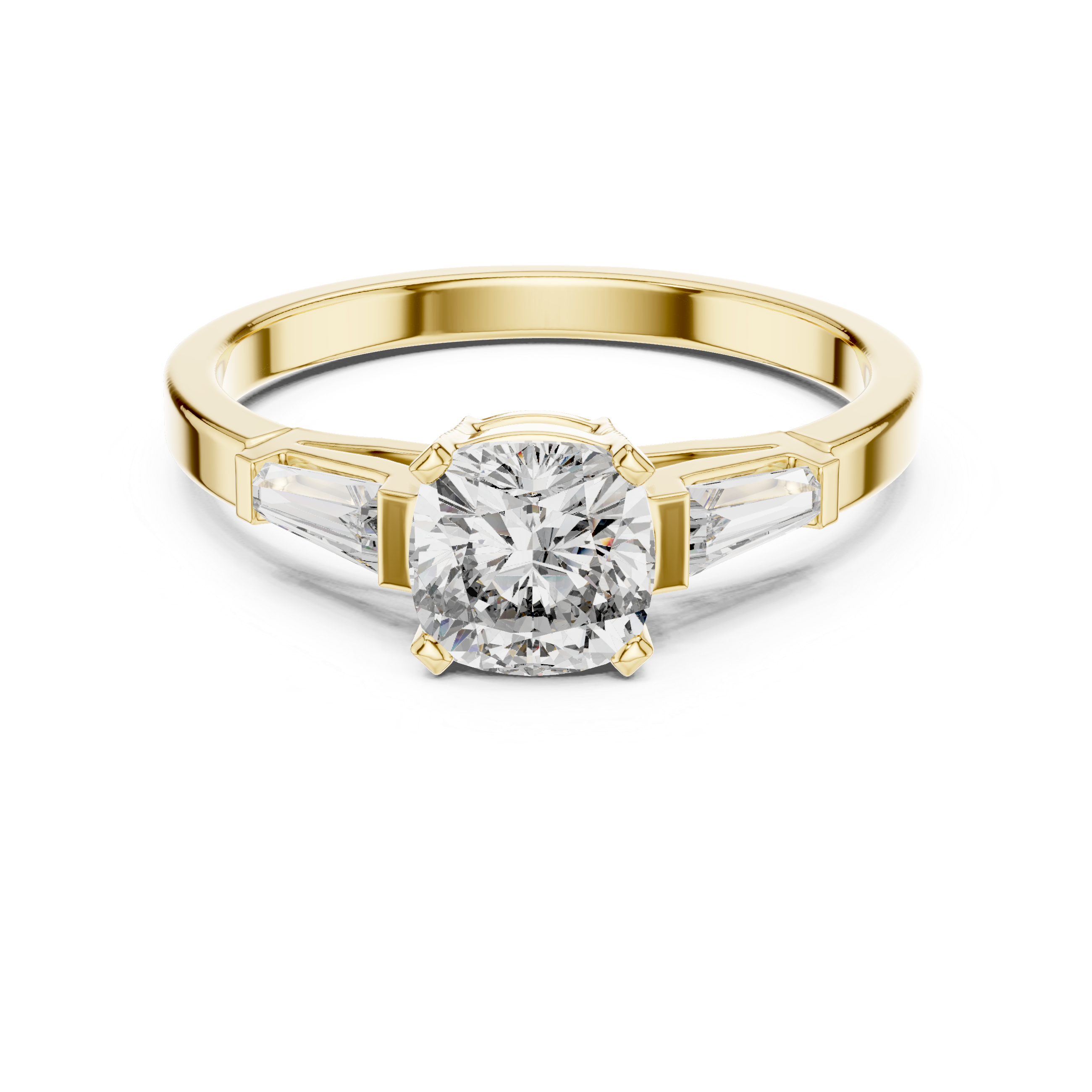 Cushion Cut Diamond Three Stone Ring with Baguette Side Diamonds