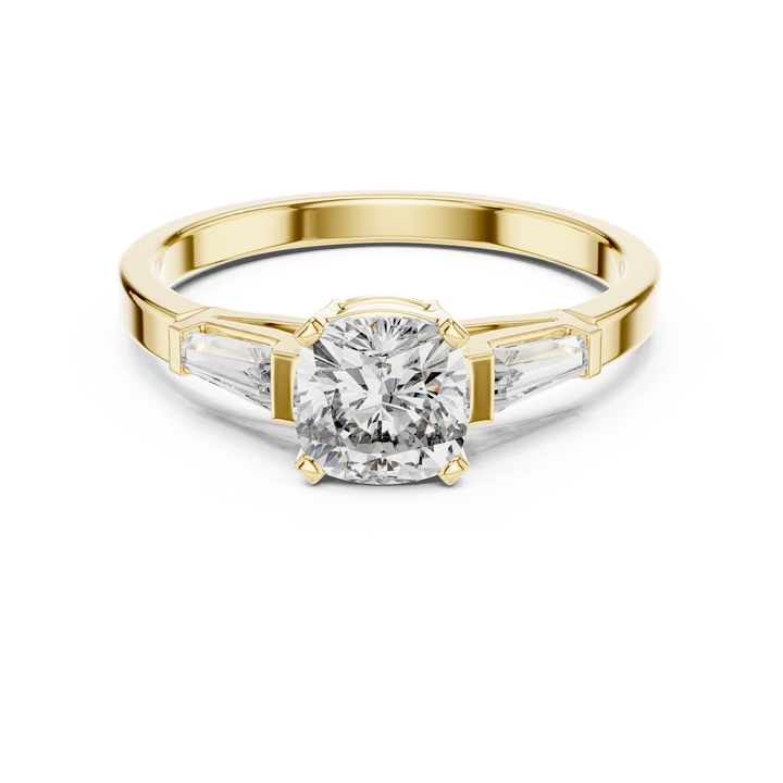 Cushion Cut Diamond Three Stone Ring with Baguette Side Diamonds