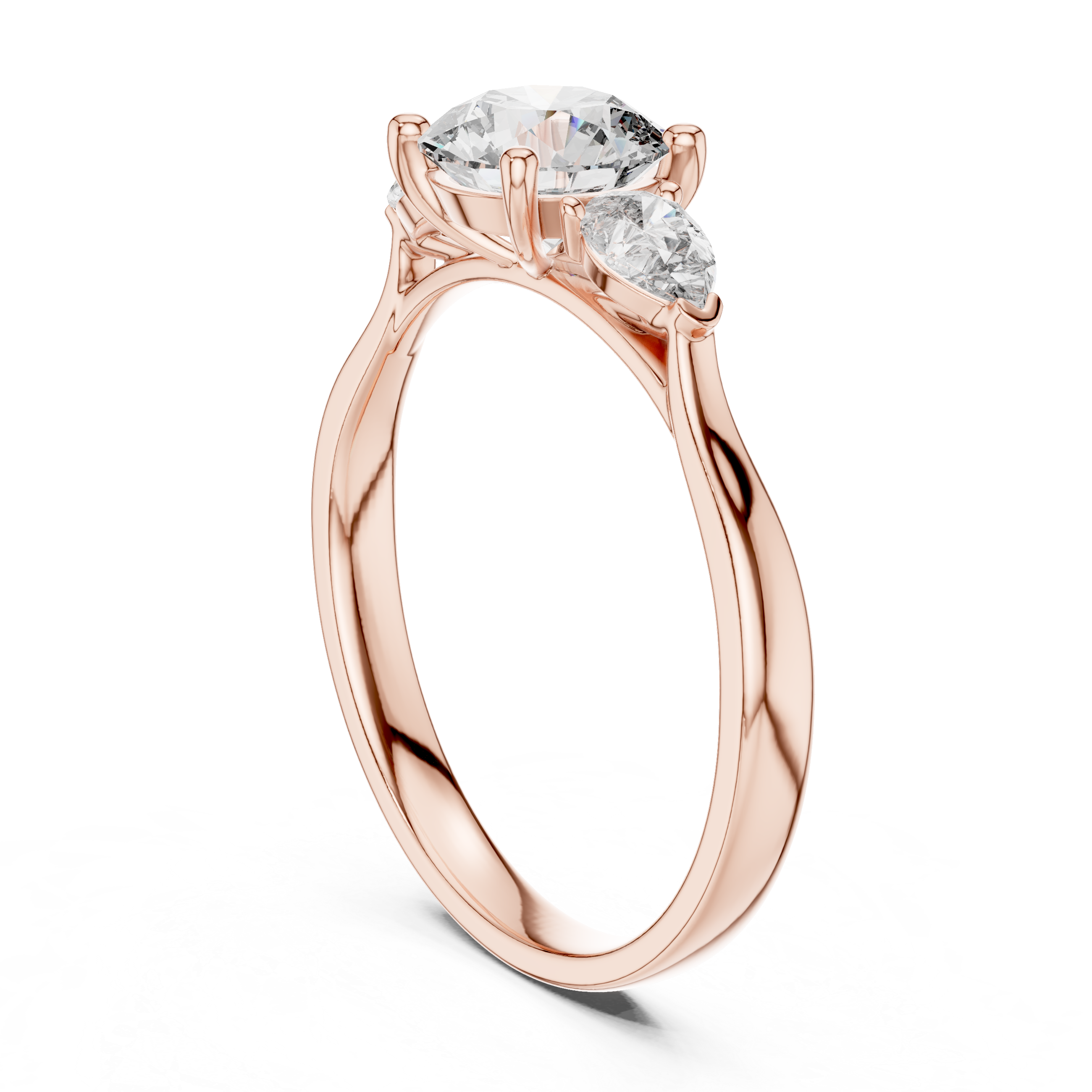 Round Cut Diamond Three Stone Ring with Pear Side Diamonds