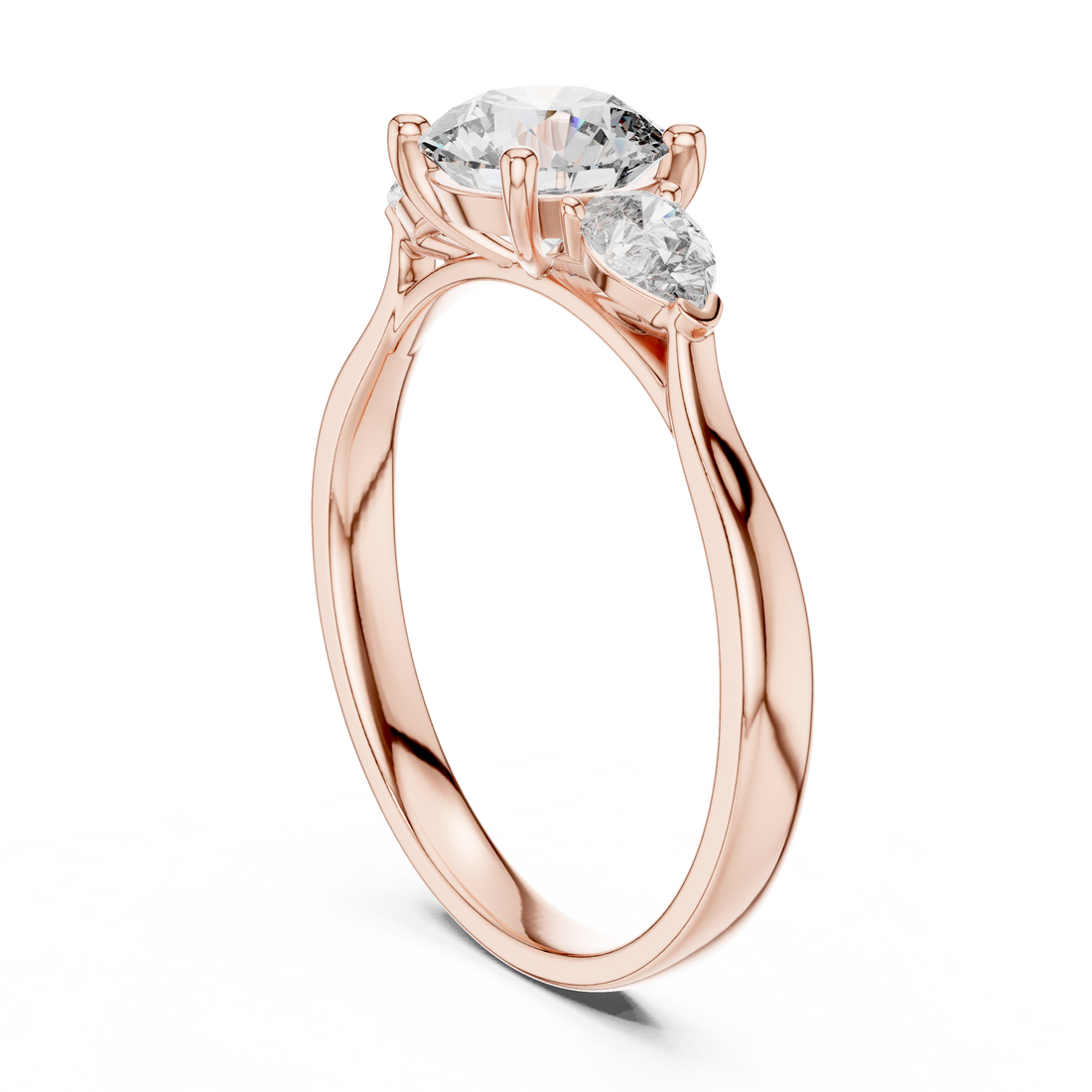 Round Cut Diamond Three Stone Ring with Pear Side Diamonds
