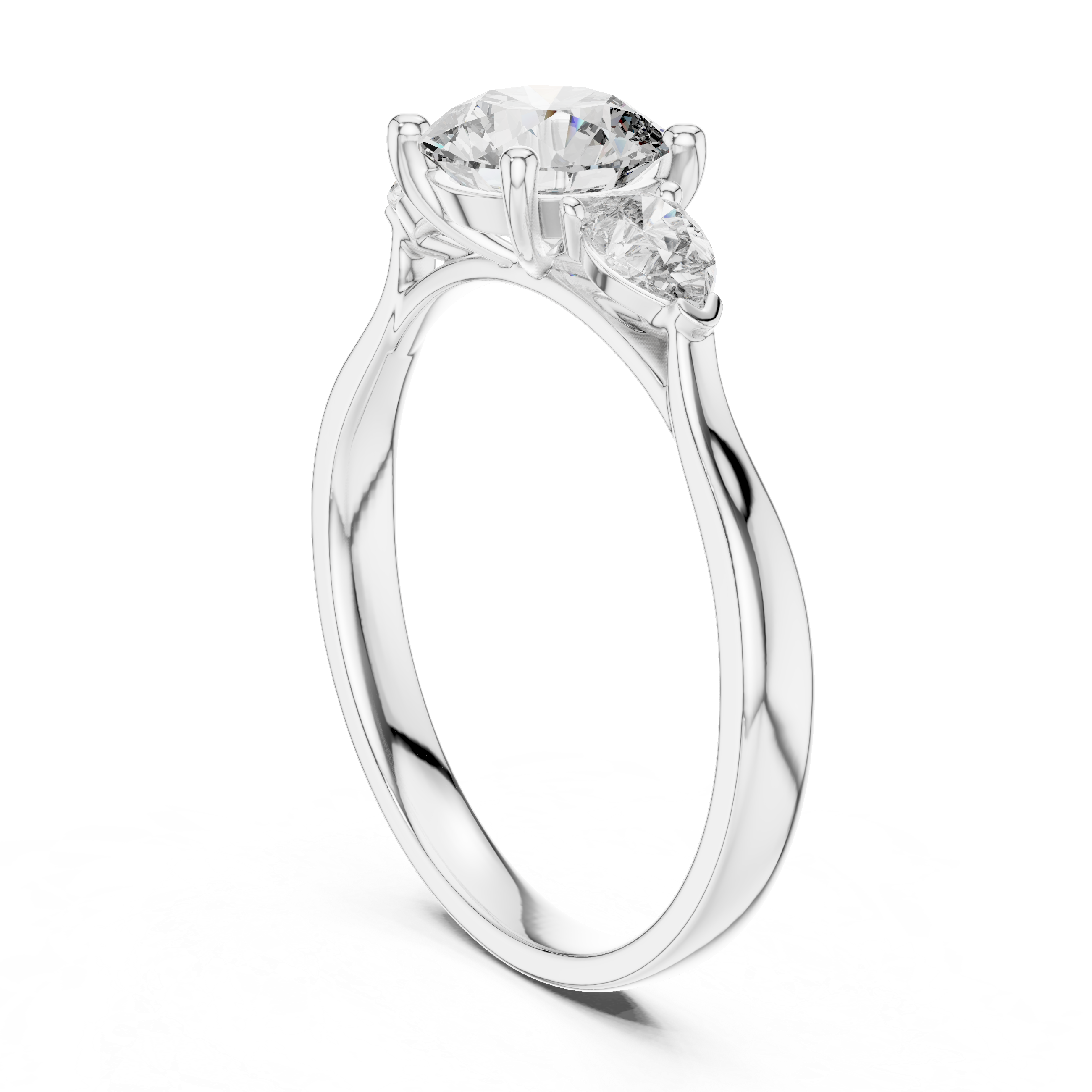 Round Cut Diamond Three Stone Ring with Pear Side Diamonds