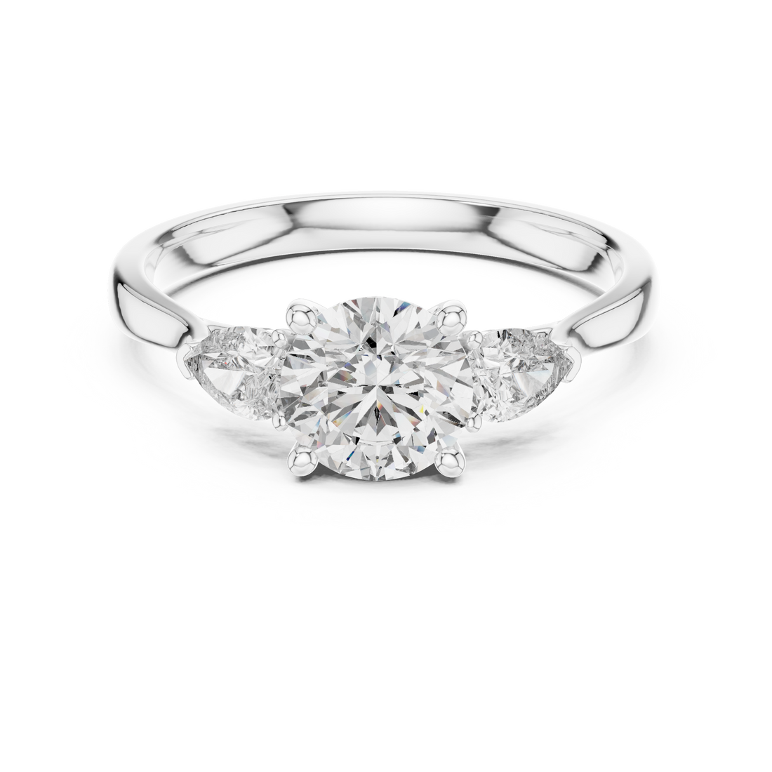 Round Cut Diamond Three Stone Ring with Pear Side Diamonds