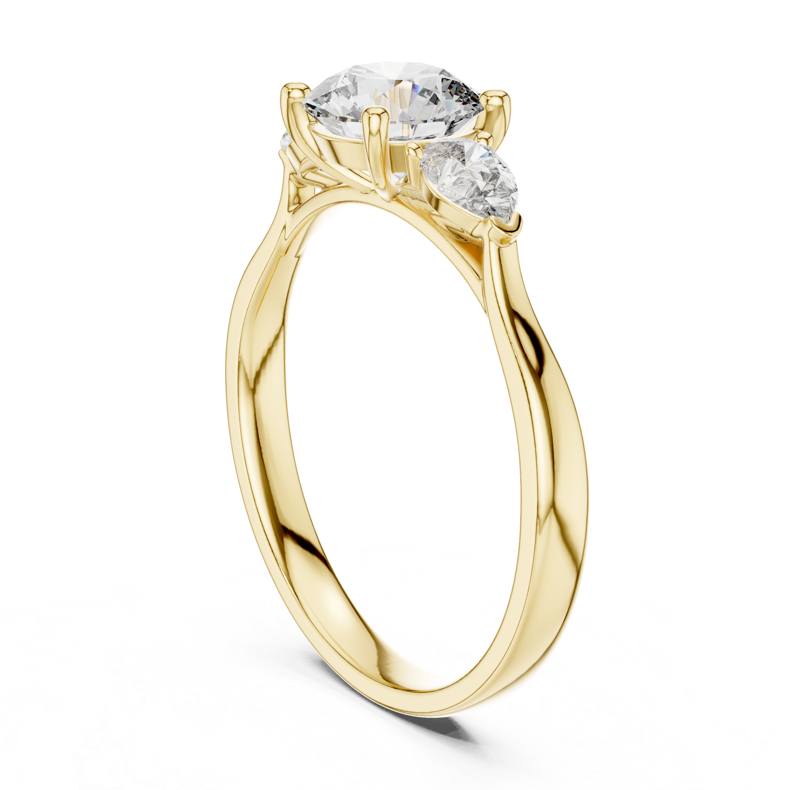 Round Cut Diamond Three Stone Ring with Pear Side Diamonds