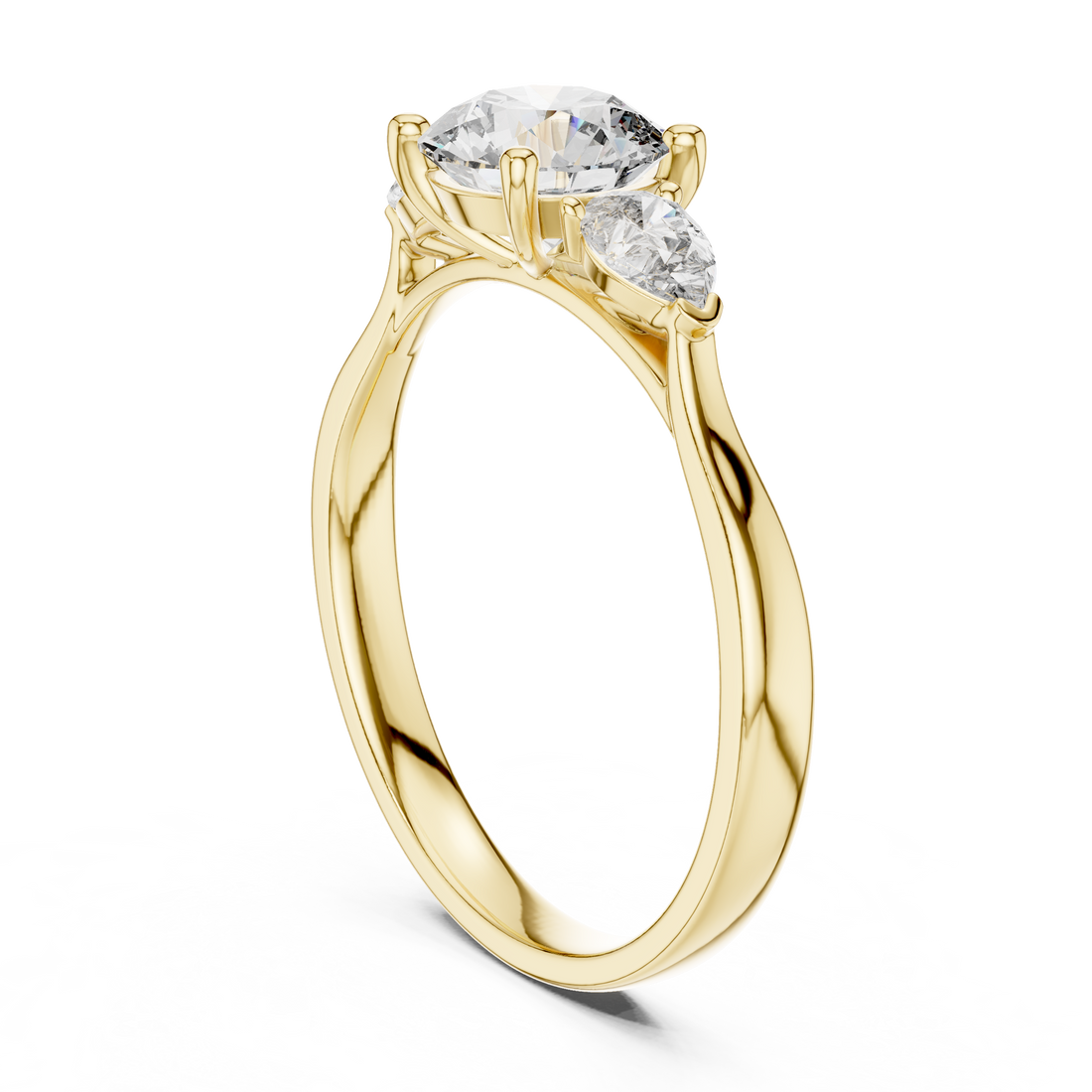 Round Cut Diamond Three Stone Ring with Pear Side Diamonds