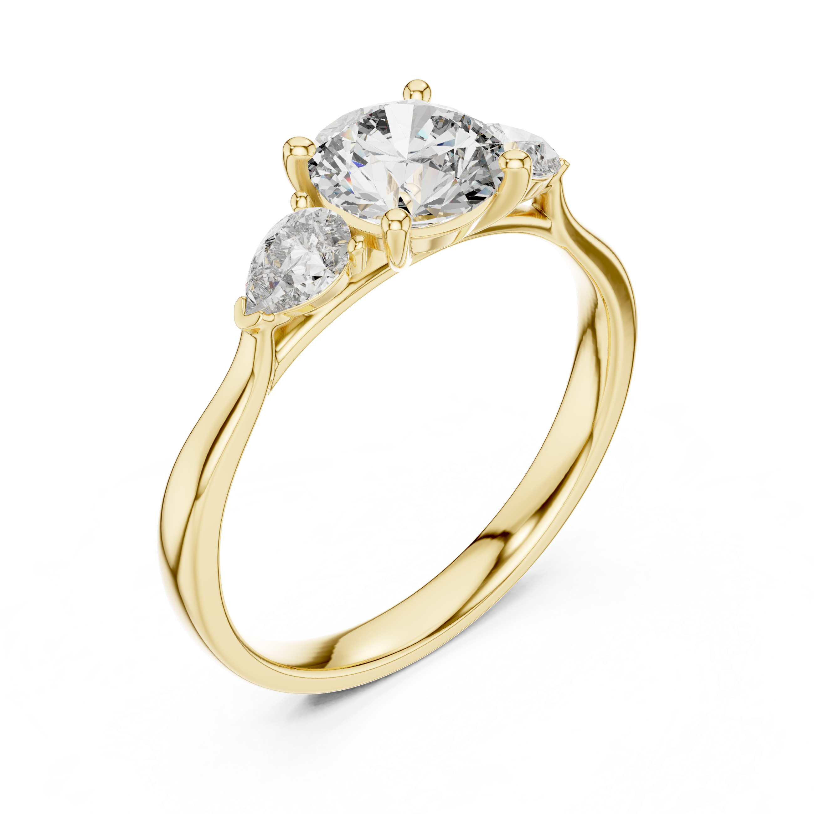 Round Cut Diamond Three Stone Ring with Pear Side Diamonds
