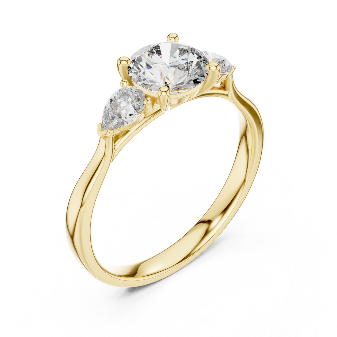 Round Cut Diamond Three Stone Ring with Pear Side Diamonds