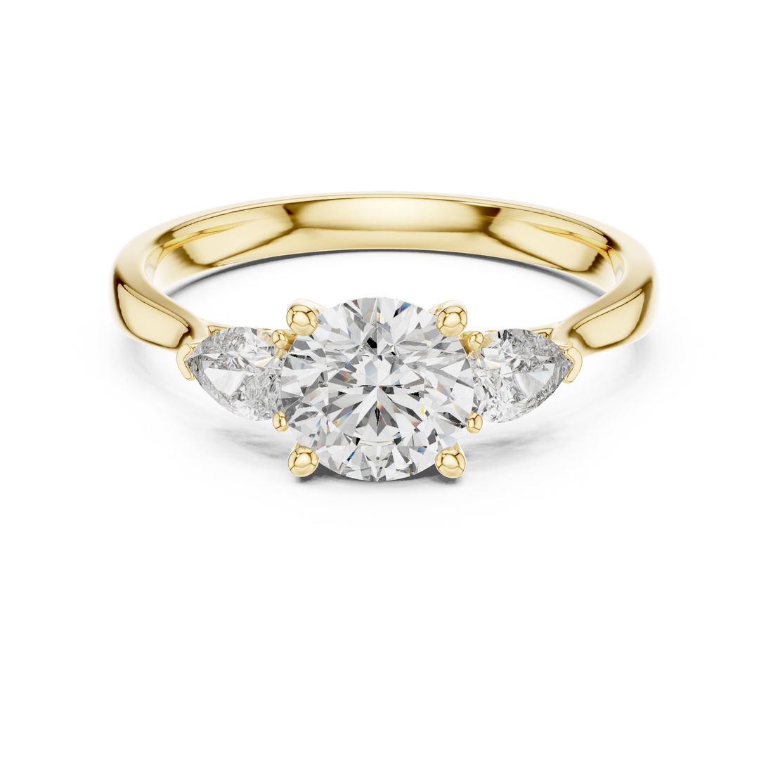 Round Cut Diamond Three Stone Ring with Pear Side Diamonds
