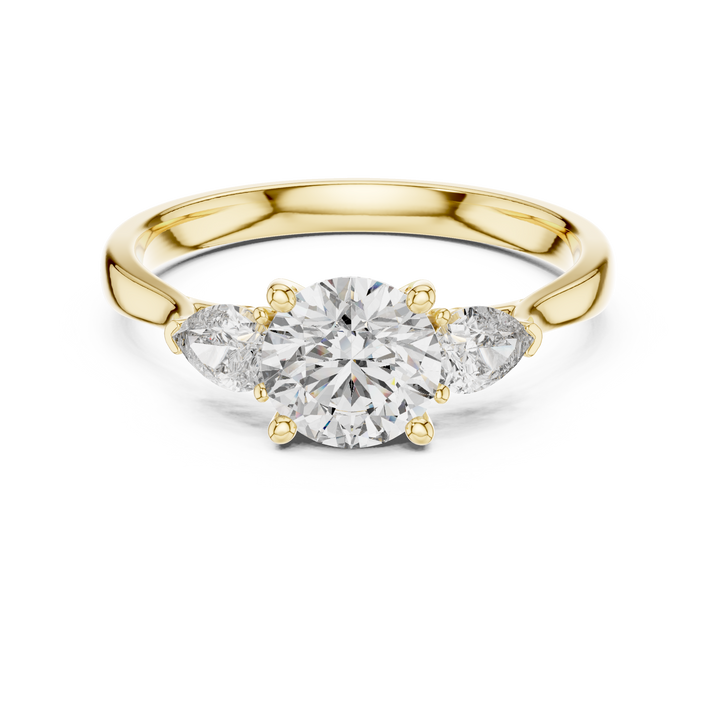Round Cut Diamond Three Stone Ring with Pear Side Diamonds