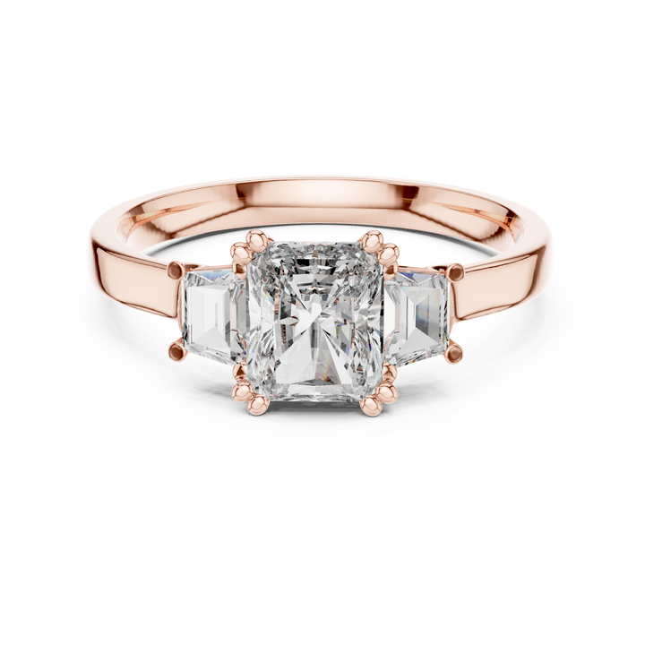 Radiant Cut Diamond Three Stone Ring with Baguette Side Diamonds