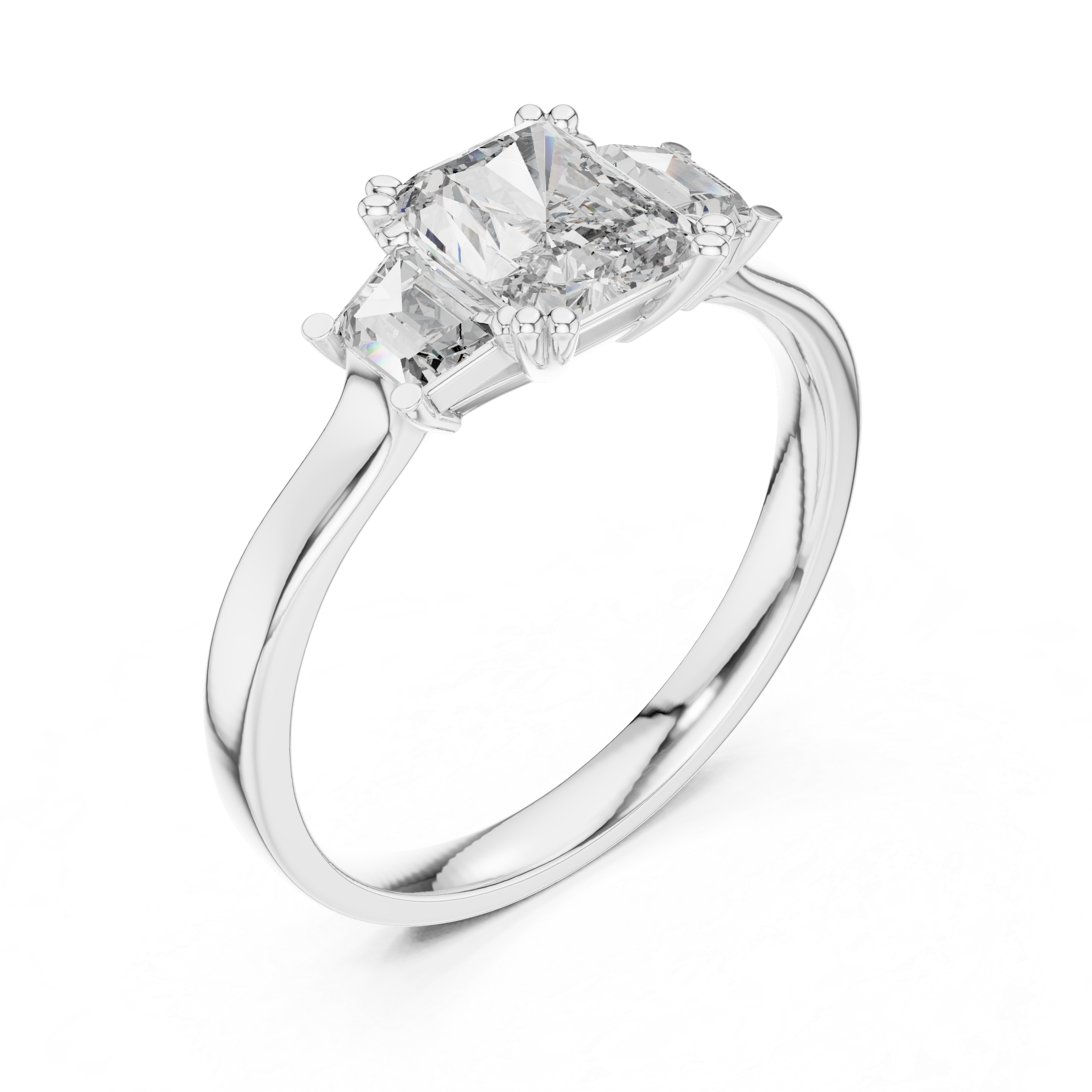 Radiant Cut Diamond Three Stone Ring with Baguette Side Diamonds