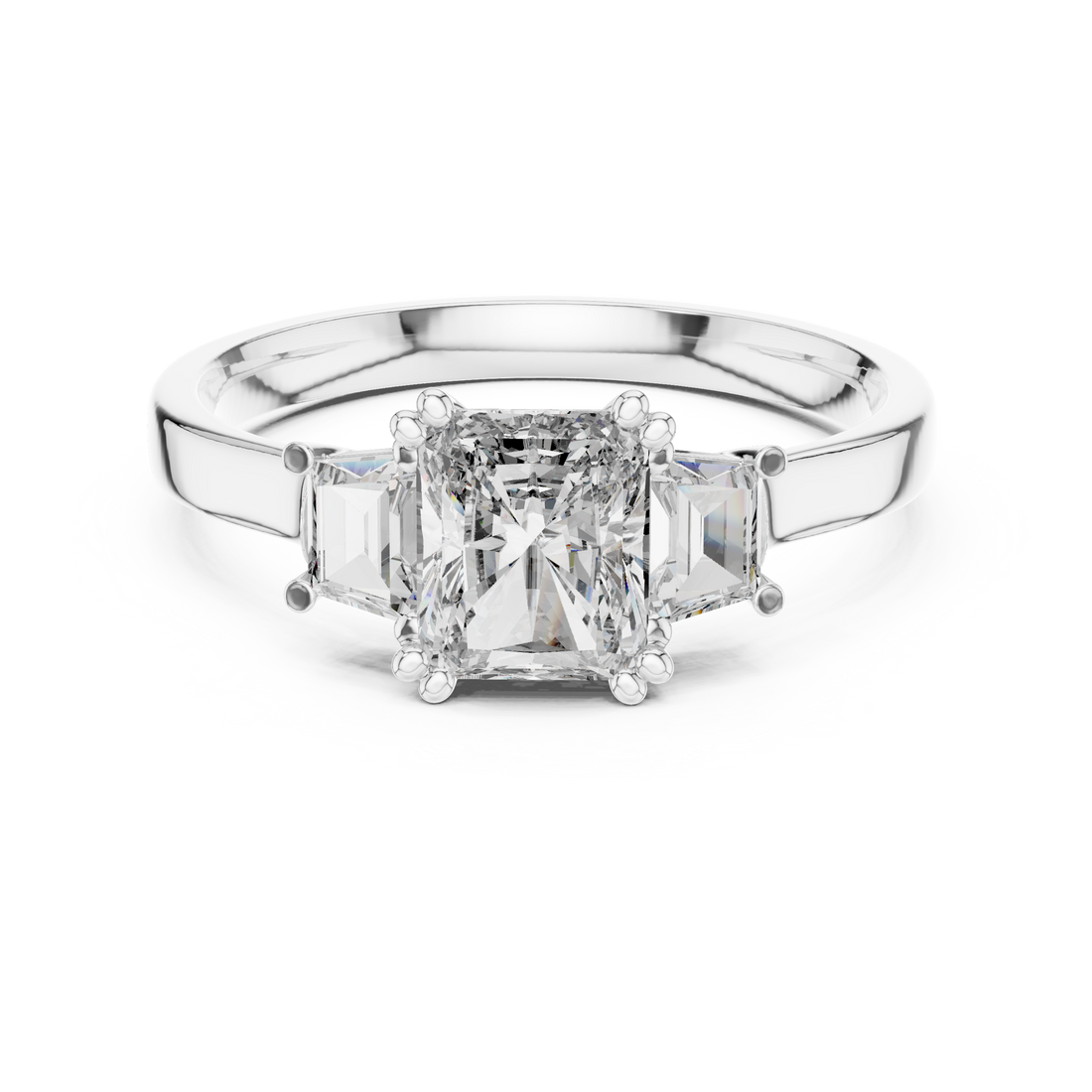 Radiant Cut Diamond Three Stone Ring with Baguette Side Diamonds
