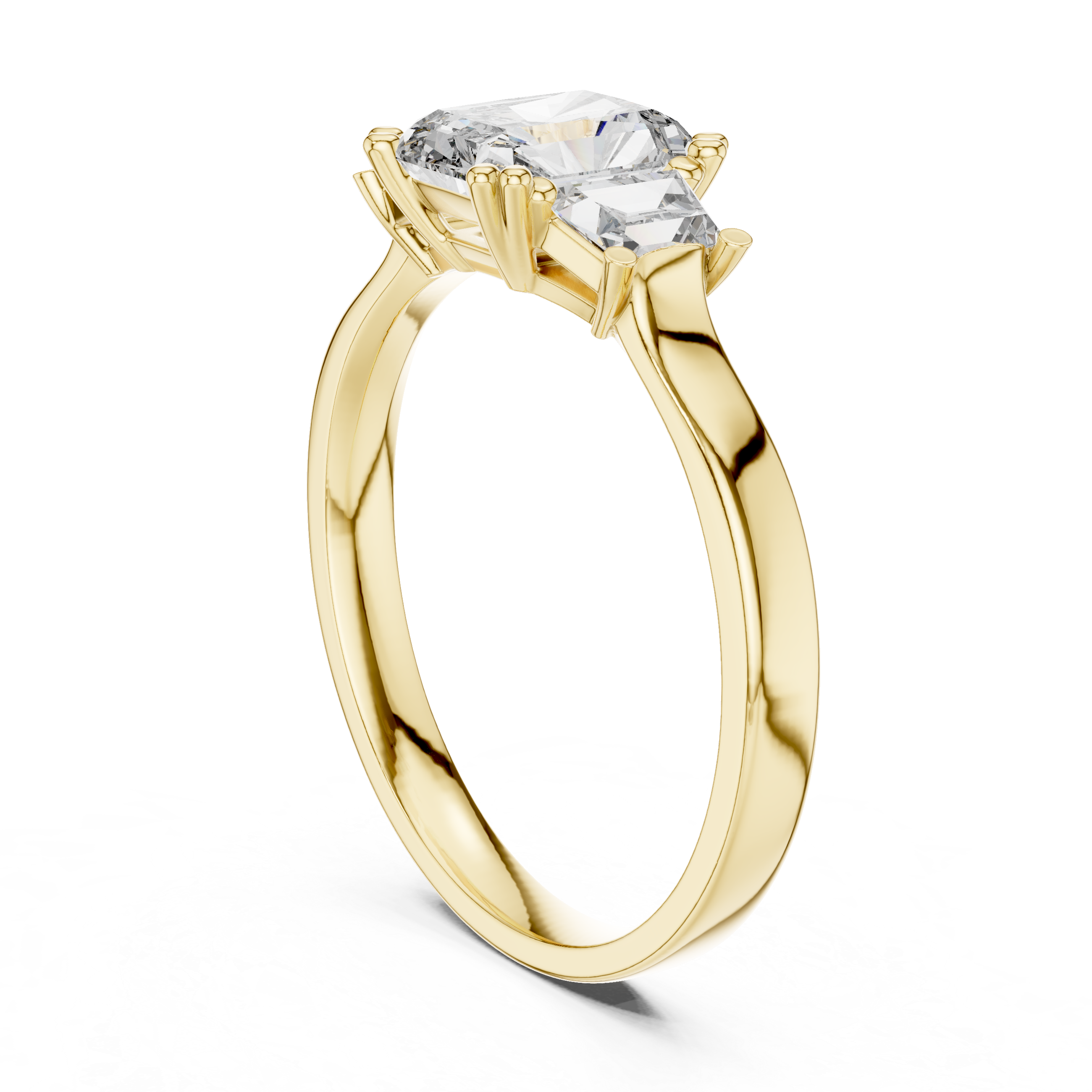 Radiant Cut Diamond Three Stone Ring with Baguette Side Diamonds