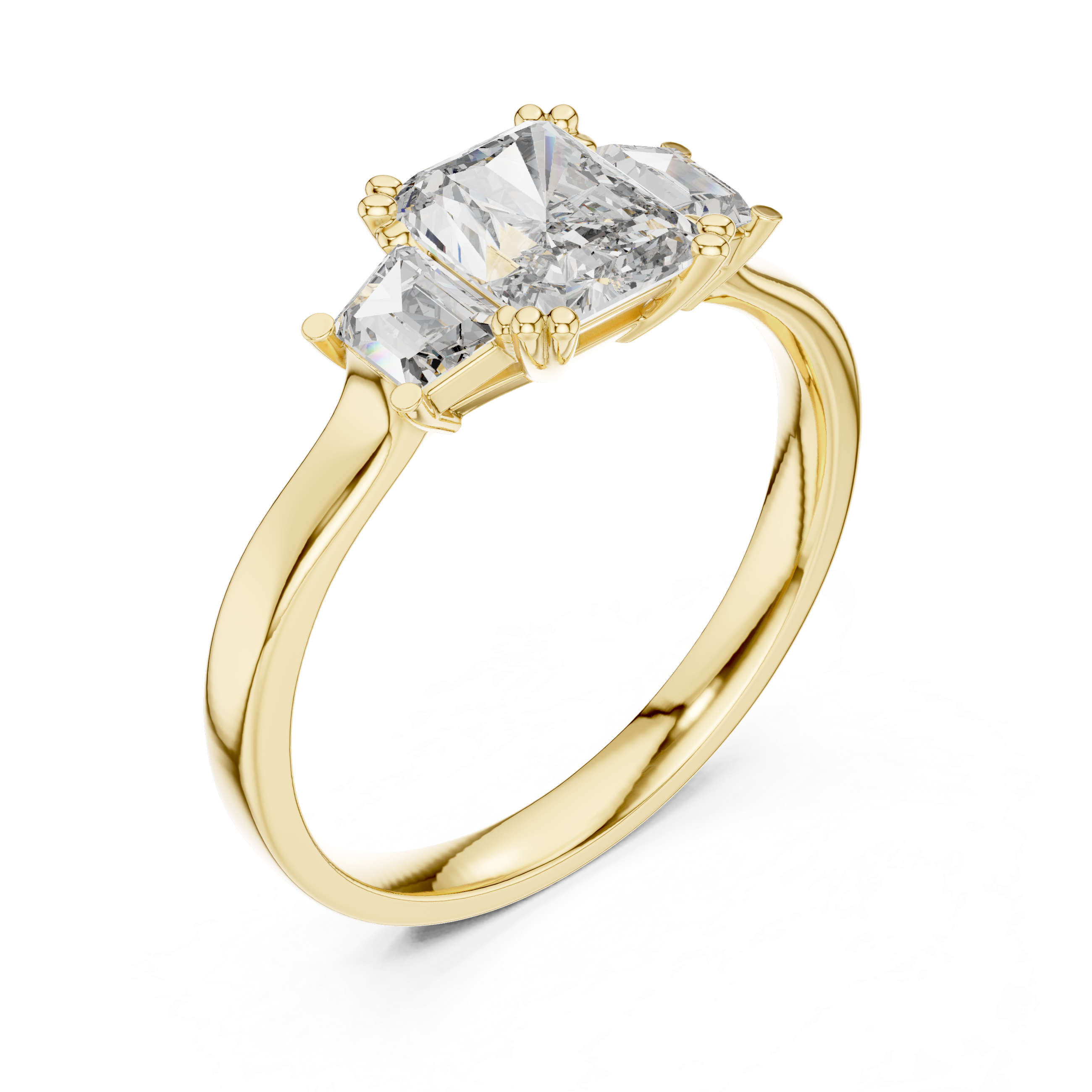 Radiant Cut Diamond Three Stone Ring with Baguette Side Diamonds