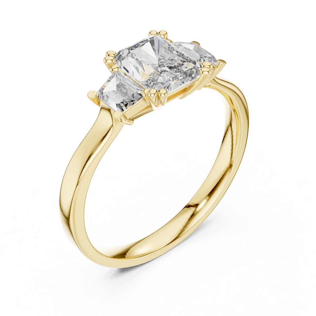 Radiant Cut Diamond Three Stone Ring with Baguette Side Diamonds