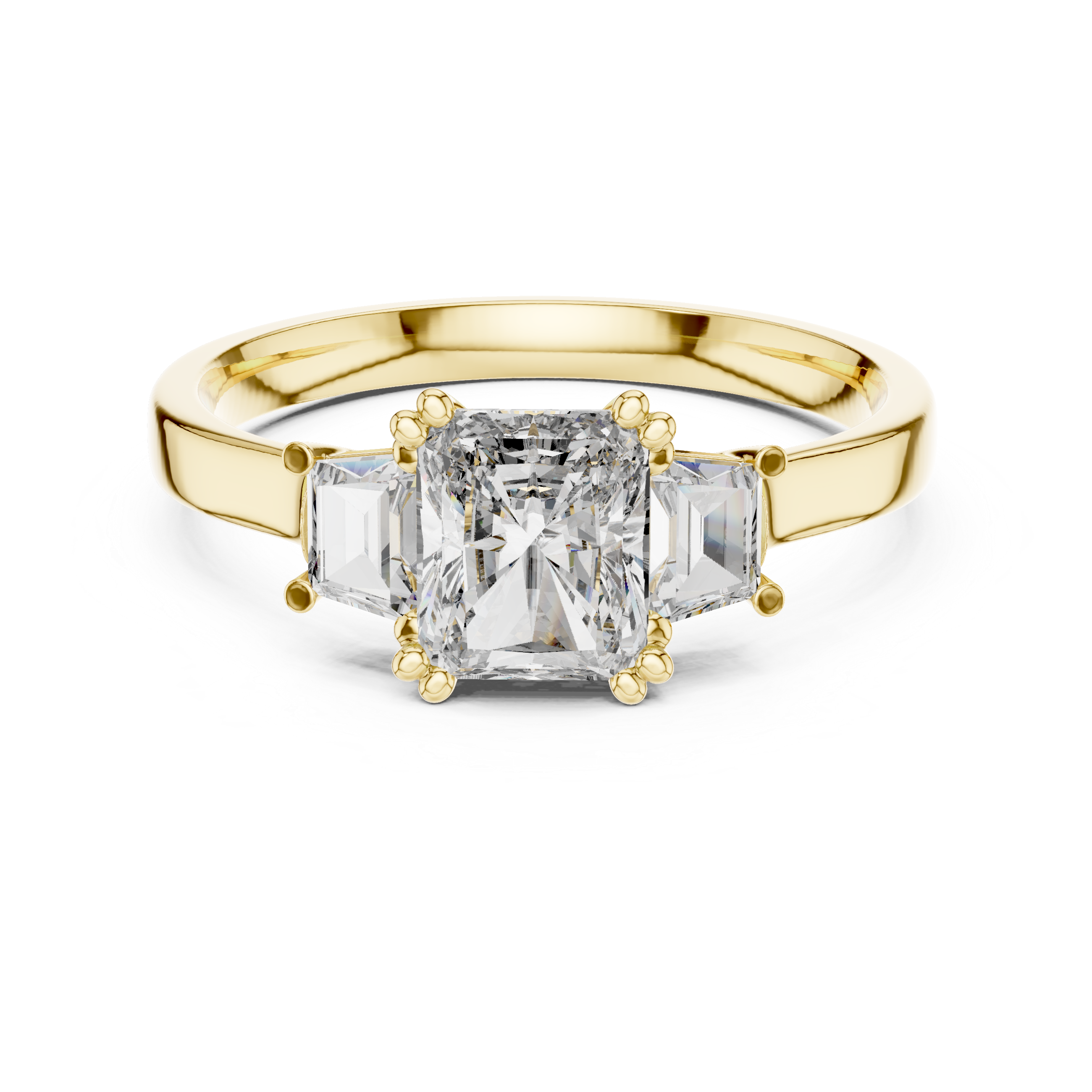 Radiant Cut Diamond Three Stone Ring with Baguette Side Diamonds