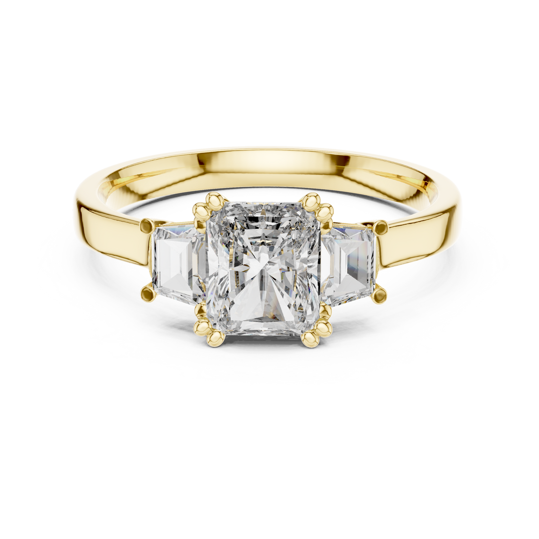 Radiant Cut Diamond Three Stone Ring with Baguette Side Diamonds