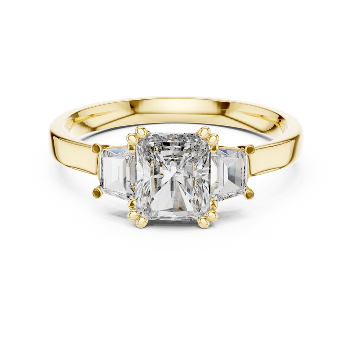 Radiant Cut Diamond Three Stone Ring with Baguette Side Diamonds