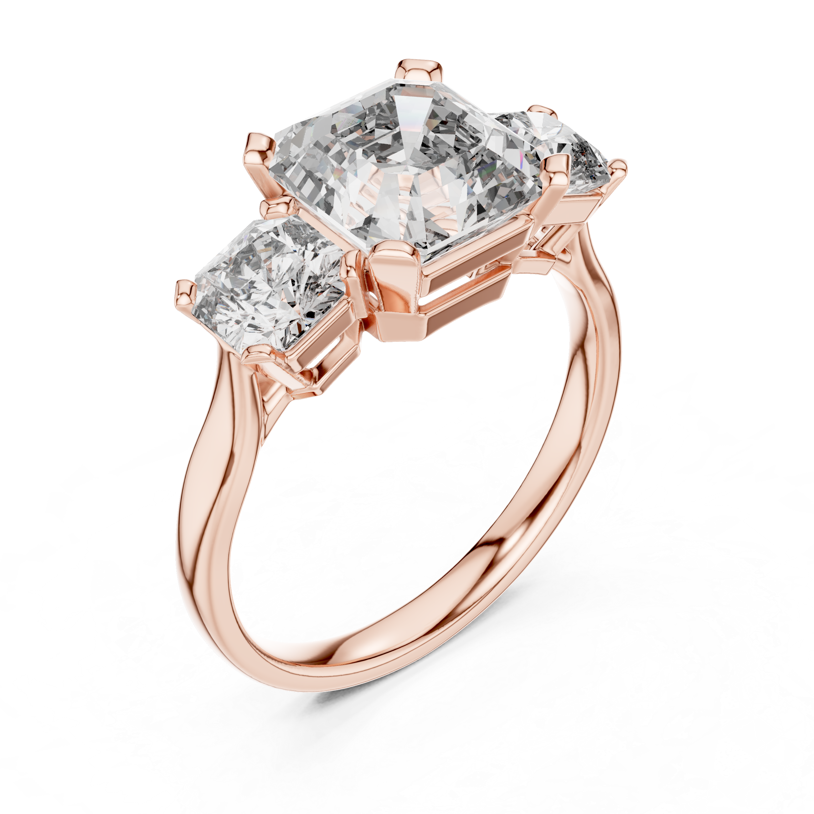 Emerald Cut Diamond Three Stone Ring with Radiant Side Diamonds