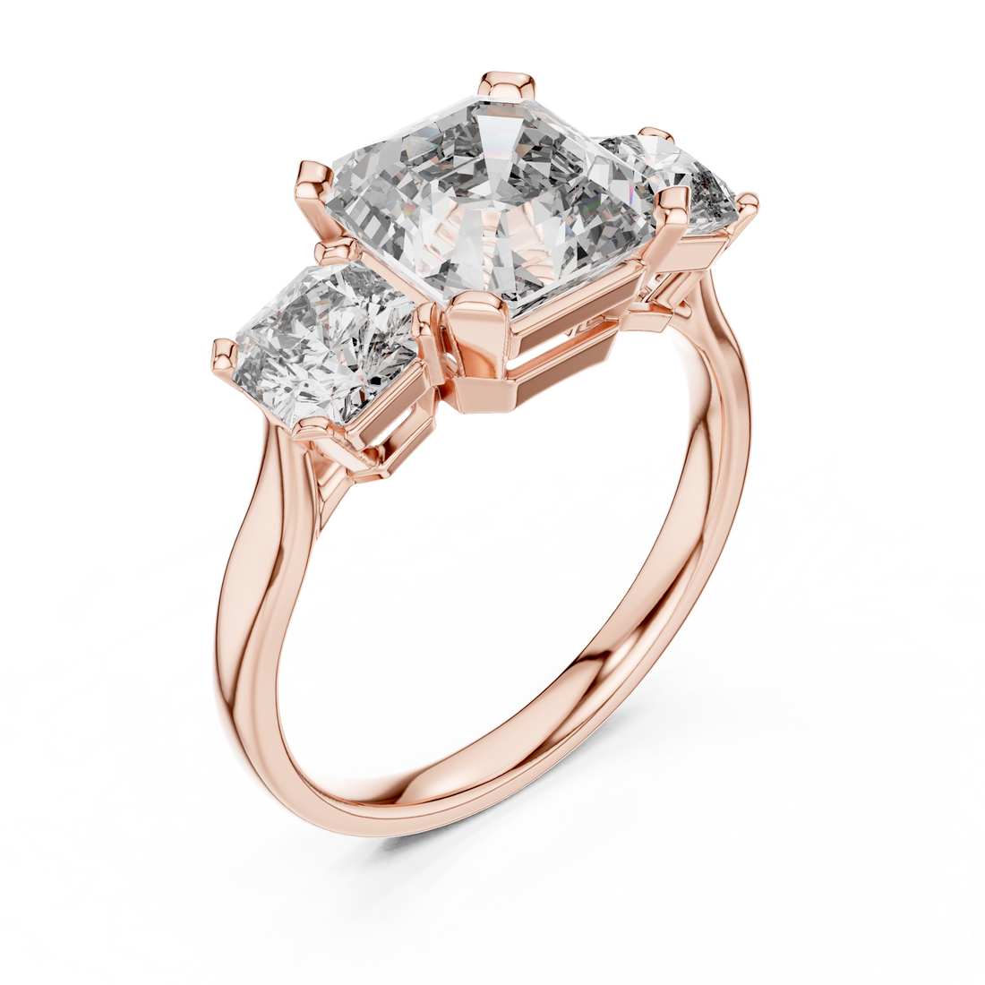 Emerald Cut Diamond Three Stone Ring with Radiant Side Diamonds