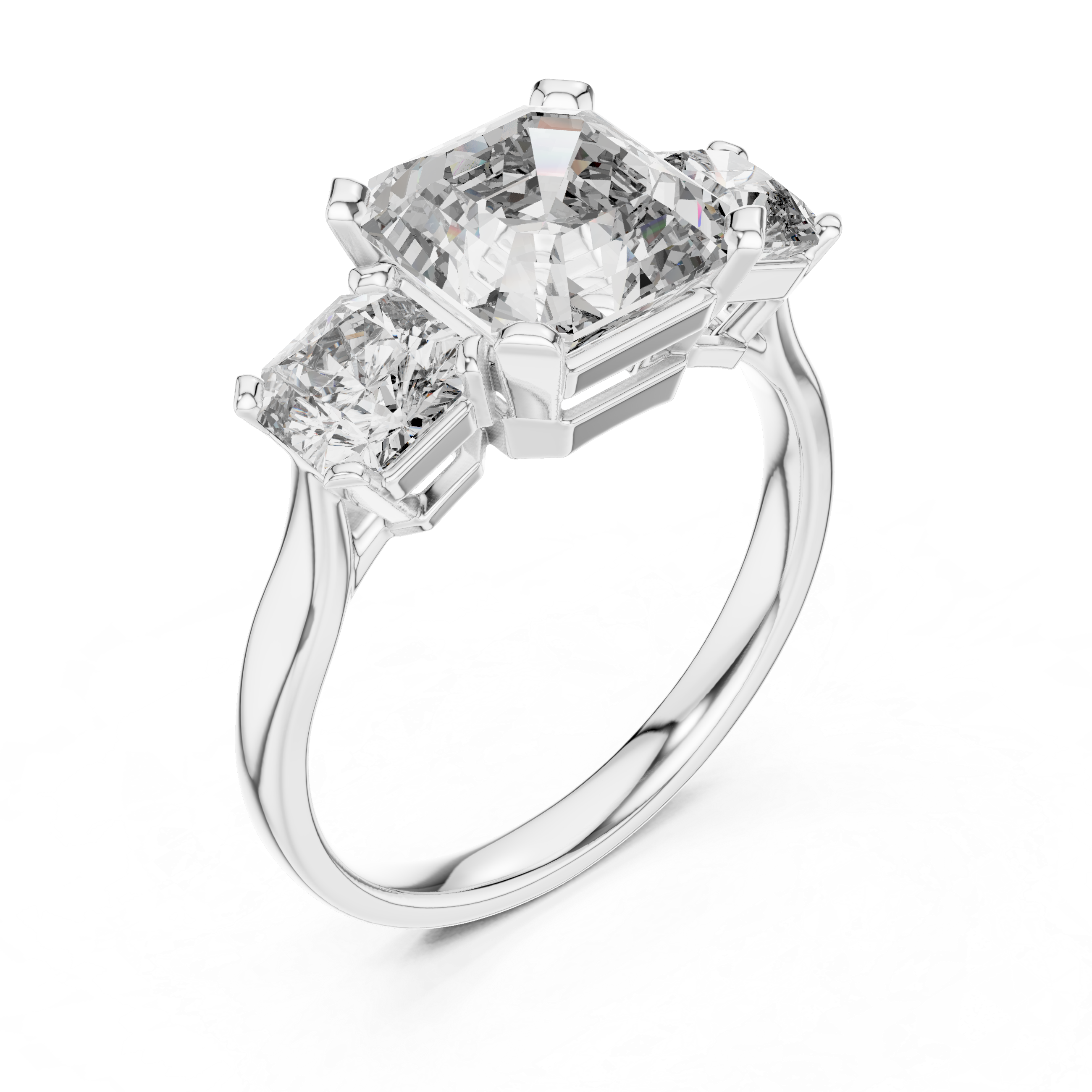 Emerald Cut Diamond Three Stone Ring with Radiant Side Diamonds