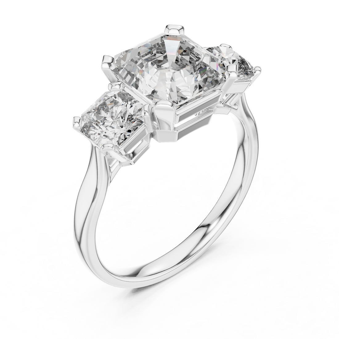 Emerald Cut Diamond Three Stone Ring with Radiant Side Diamonds