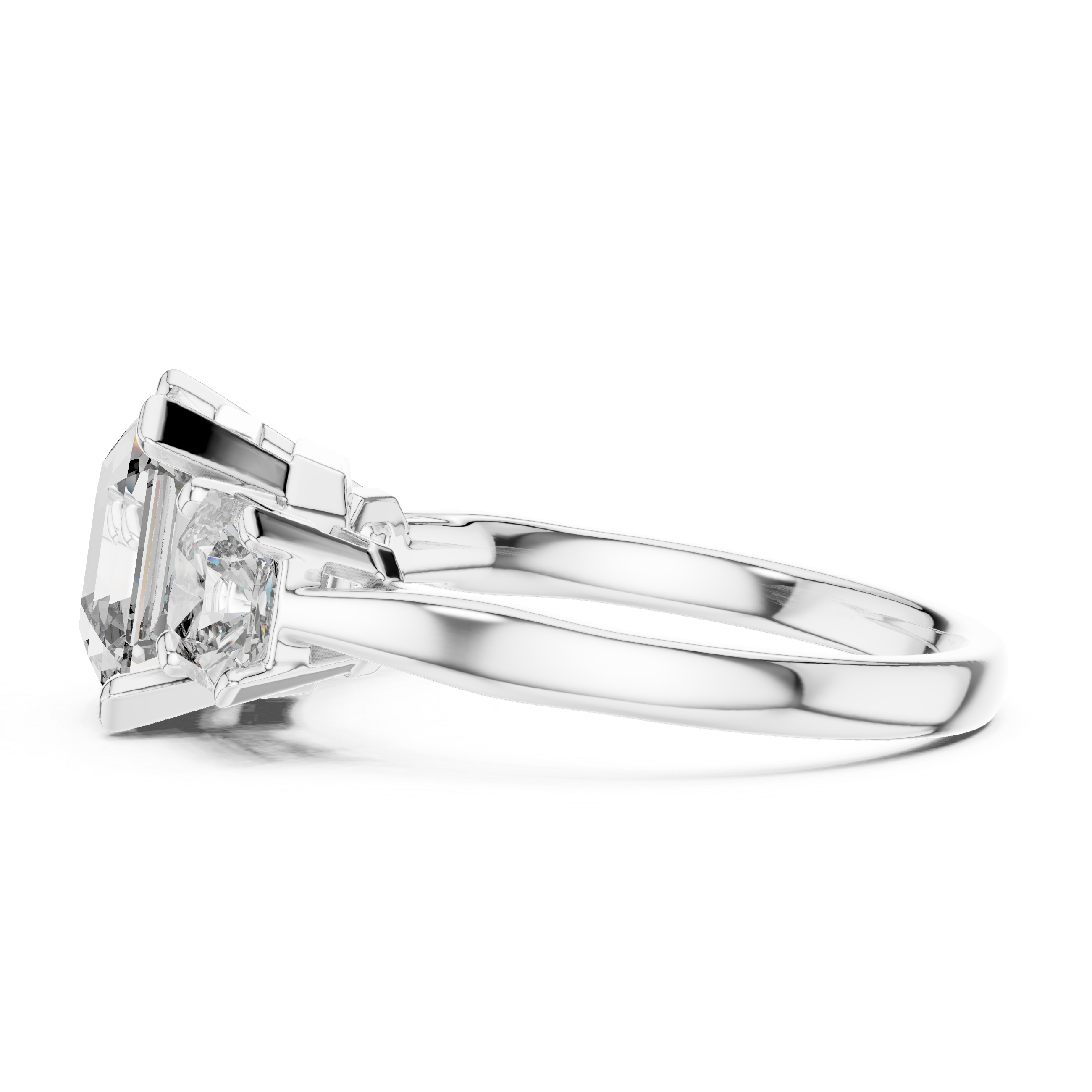 Emerald Cut Diamond Three Stone Ring with Radiant Side Diamonds