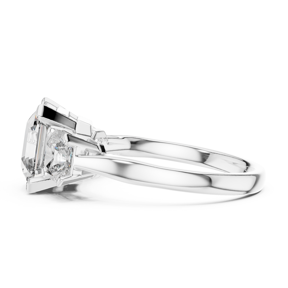 Emerald Cut Diamond Three Stone Ring with Radiant Side Diamonds
