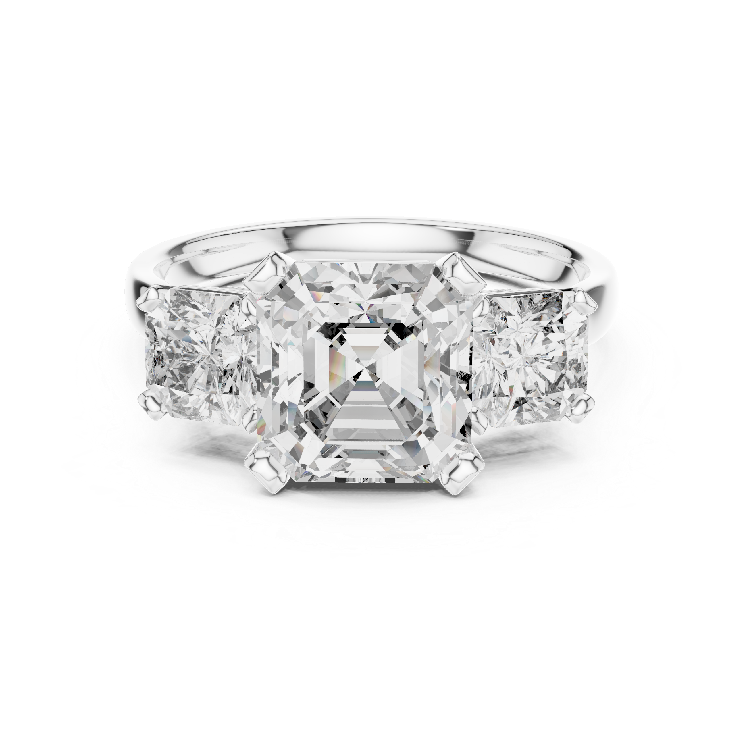 Emerald Cut Diamond Three Stone Ring with Radiant Side Diamonds