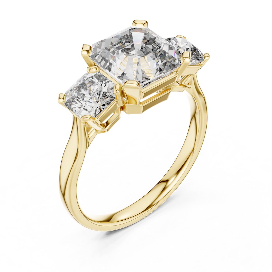 Emerald Cut Diamond Three Stone Ring with Radiant Side Diamonds