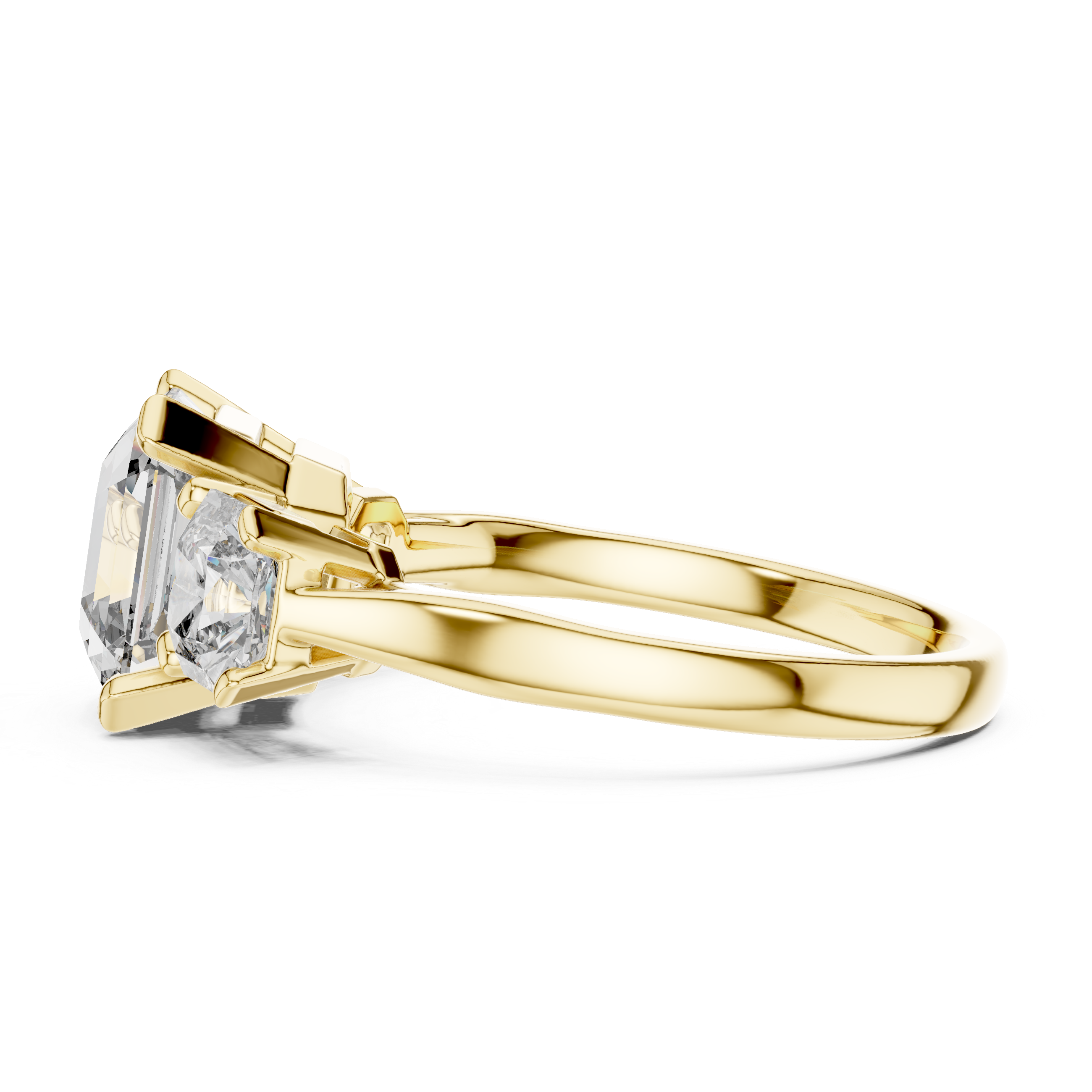 Emerald Cut Diamond Three Stone Ring with Radiant Side Diamonds