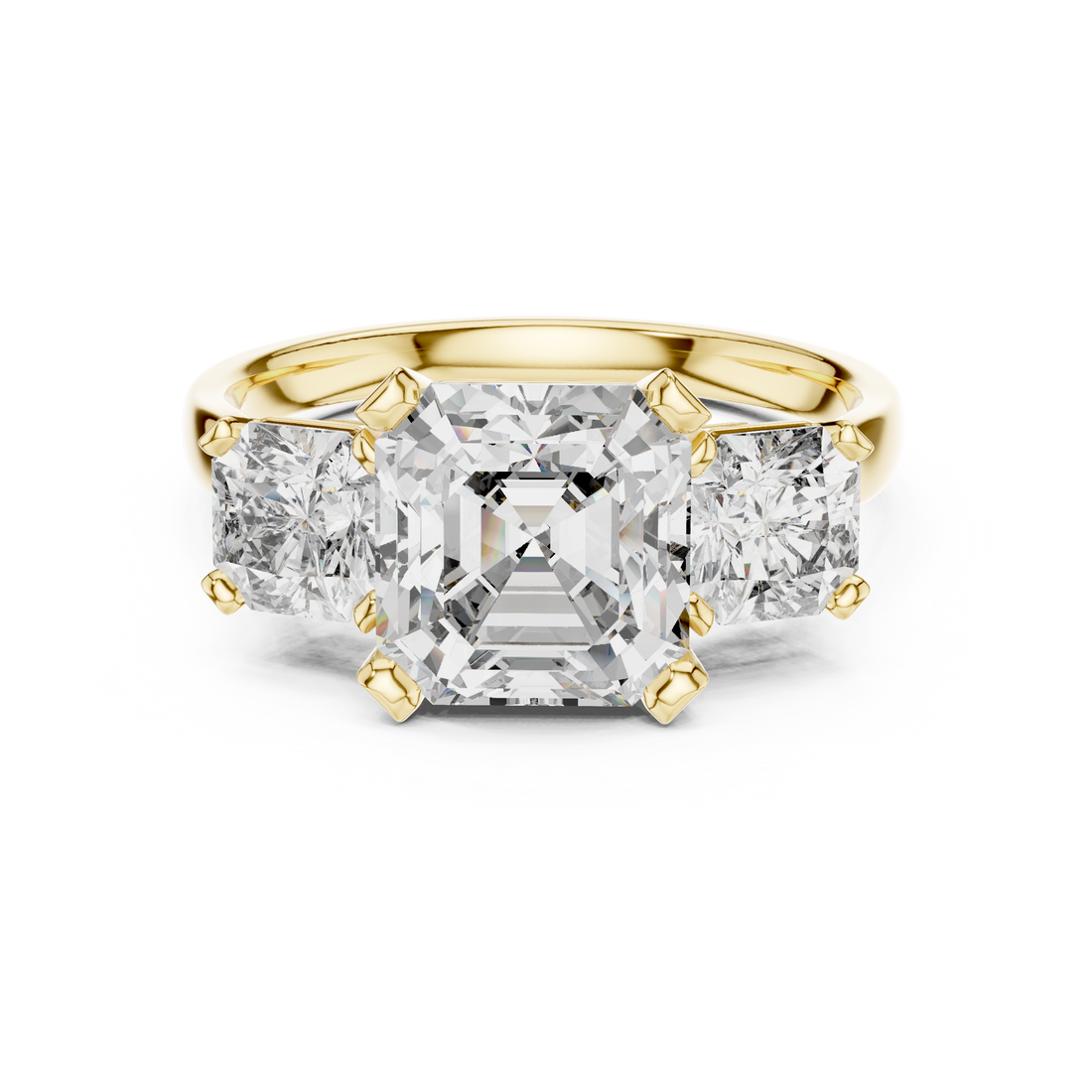 Emerald Cut Diamond Three Stone Ring with Radiant Side Diamonds